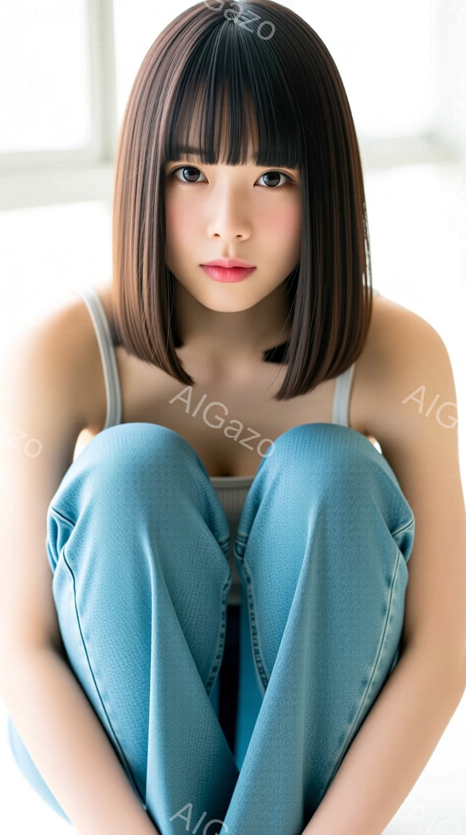 この女性は、明るいブルーのズボンと白いタンクトップを着て、膝を抱えて座っています。肩までの長さの黒髪は、前髪で額を覆い、顔は穏やかで控えめな表情をしています。背景はぼやけていますが、室内で、おそらく白 - AI生成フリー素材