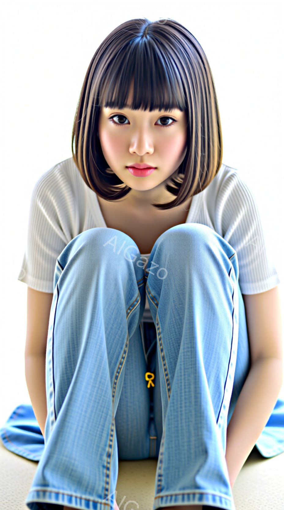 若い女性が畳の上に座っており、膝を曲げて抱えている。彼女は短い黒髪のボブヘアで、穏やかな表情を浮かべている。カジュアルな白いTシャツと水色のスウェットパンツを着用し、リラックスした雰囲気である。