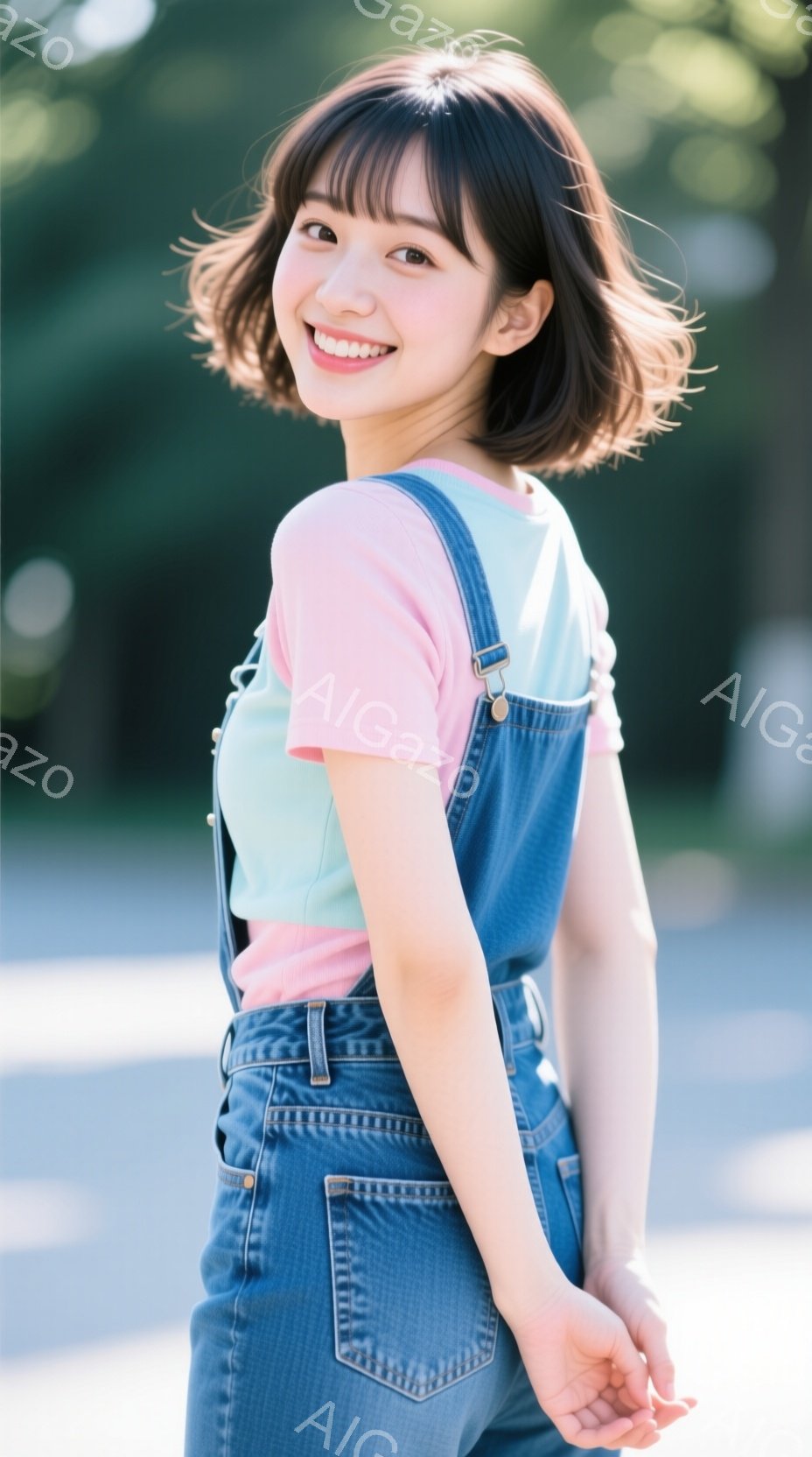 若い女性がデニムオーバーオールとピンクと水色のストライプのTシャツを着て、少し振り返って微笑んでいます。彼女は短い前髪と肩までの長さの髪を持ち、リラックスしたポーズで立っています。背景には緑豊かな木々 - AI生成フリー素材