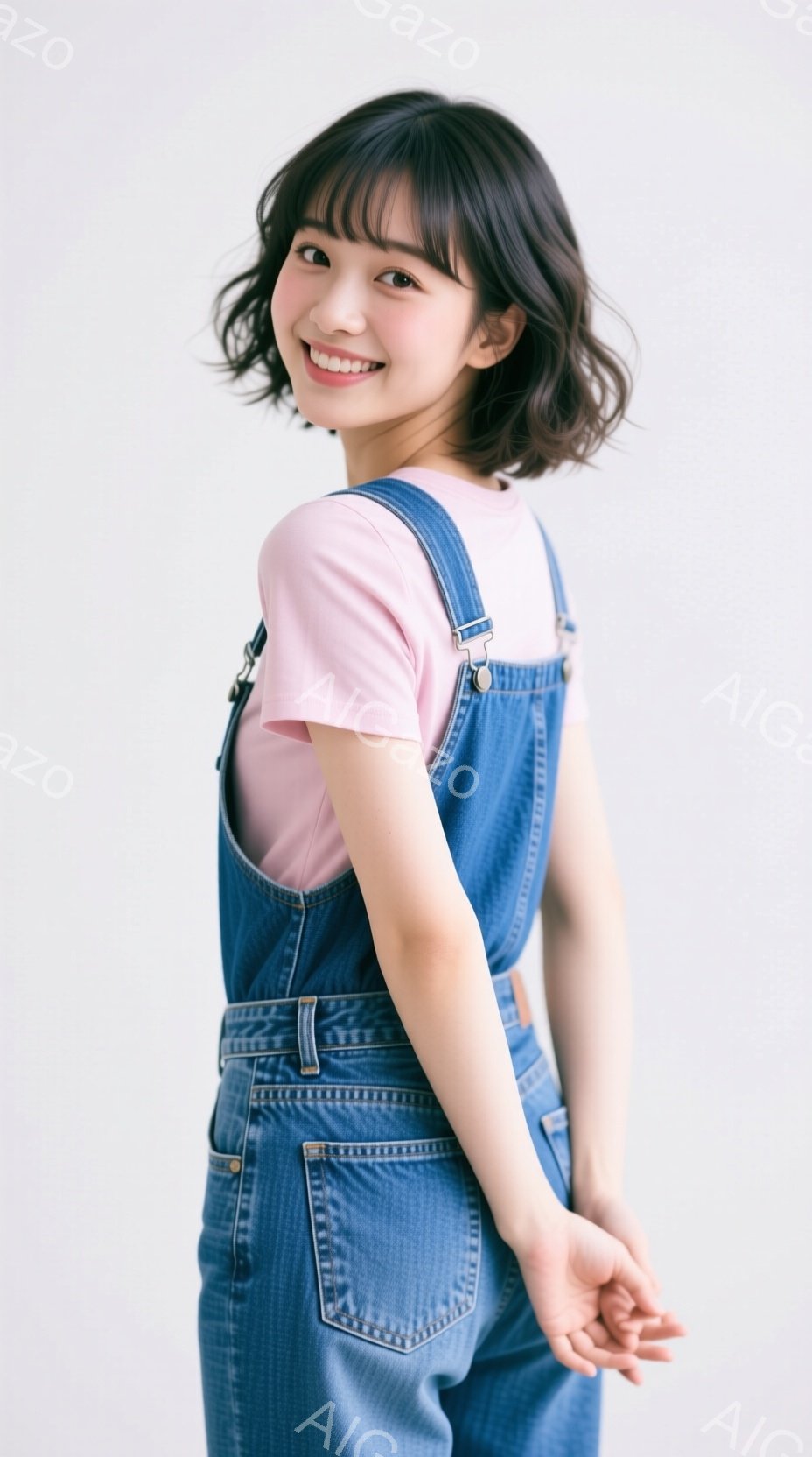 若い女性が、薄いピンクのTシャツに、肩紐付きのデニムオーバーオールを着ています。彼女は肩を少し内側に丸め、片手を後ろに回し、笑顔でカメラを見ています。背景は白く、女性が主役として際立っています。 - AI生成フリー素材