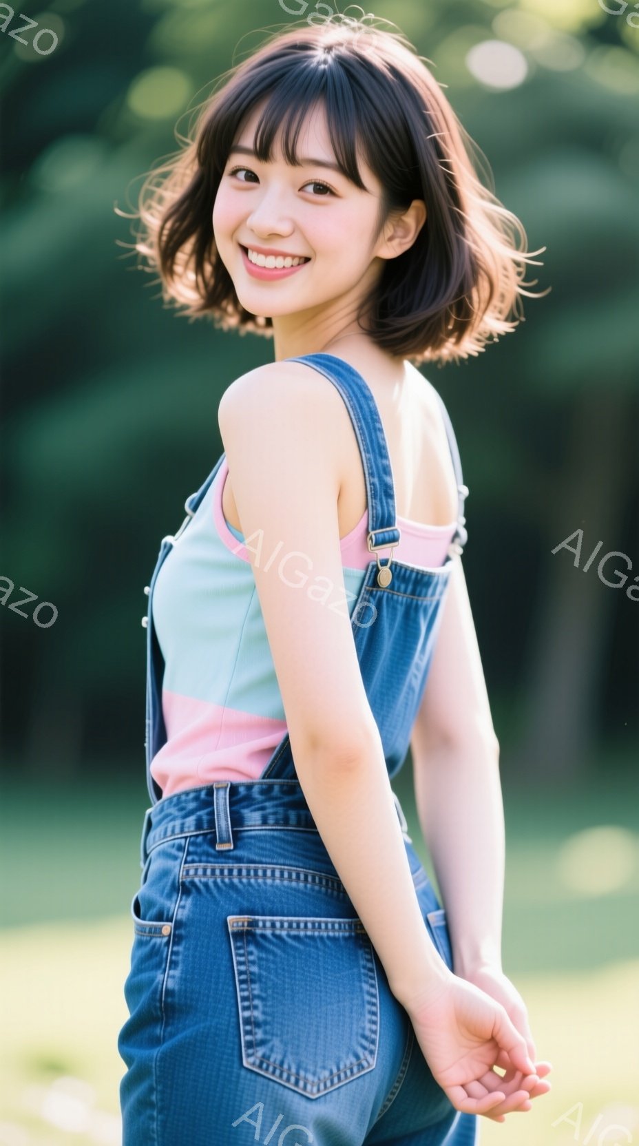 明るい笑顔の若い女性が写っています。彼女はピンクのタンクトップにデニムのオーバーオール姿で、少し振り返ってこちらを見ています。背景は緑豊かな自然で、晴れた日の穏やかな雰囲気が感じられます。 - AI生成フリー素材