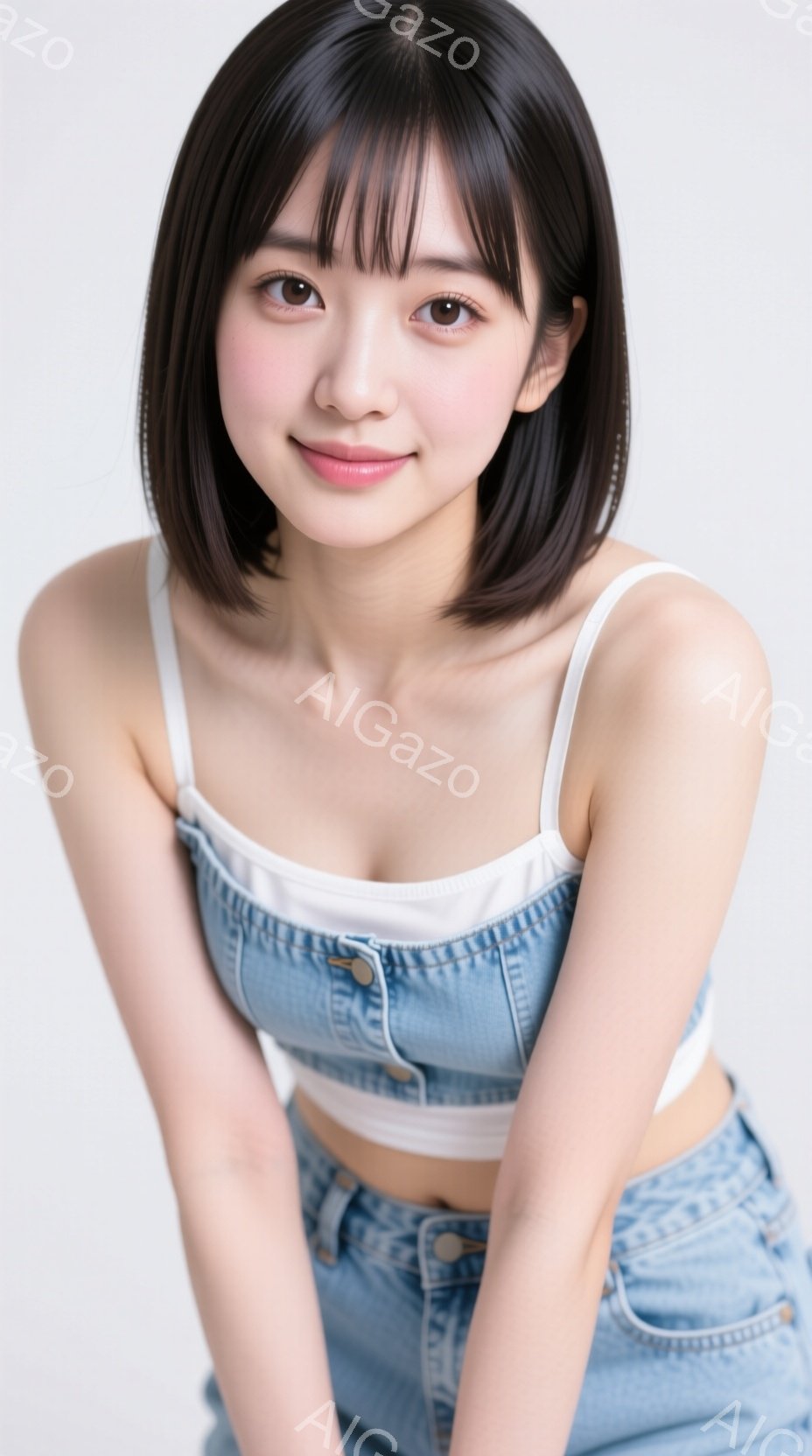 この女性は、明るいブルーのオーバーオールと白いタンクトップを着ており、肩出しのカジュアルなスタイルです。彼女は黒髪のショートボブで、少し微笑んでおり、親しみやすい表情をしています。背景は白く、彼女が主 - AI生成フリー素材