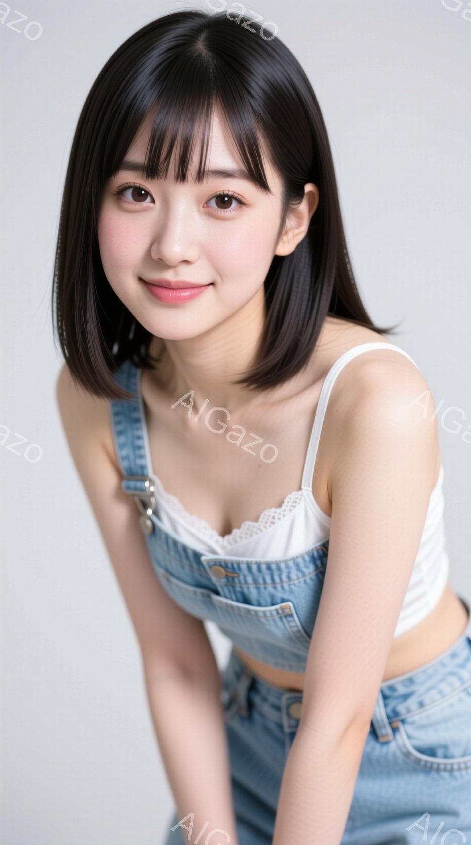 画像は、肩出しの白いレースのキャミソールに、薄い色のデニムのオーバーオールを着た若い女性が写っています。彼女は軽く前かがみになり、笑顔でカメラを見つめており、黒髪のボブヘアは肩にかかっています。背景は - AI生成フリー素材