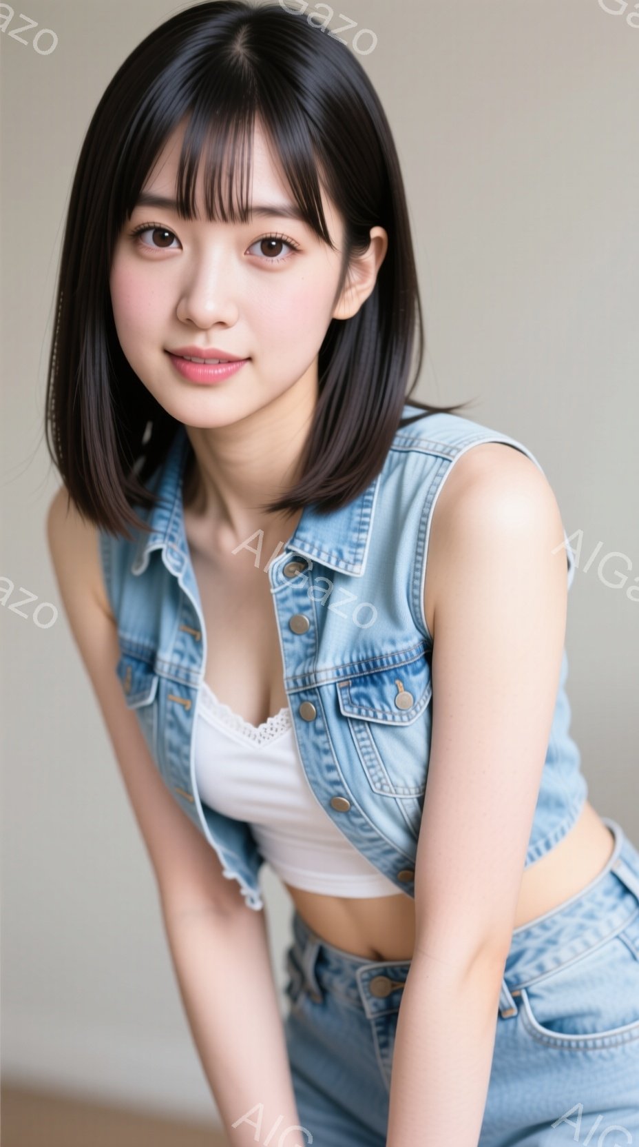 若い女性が、白いレースのキャミソールにデニムのベスト、そして明るい色のデニムパンツを着用してポーズをとっています。彼女は肩までの長さの黒髪で、前髪は眉毛のあたりでカットされています。彼女は微笑んでおり - AI生成フリー素材