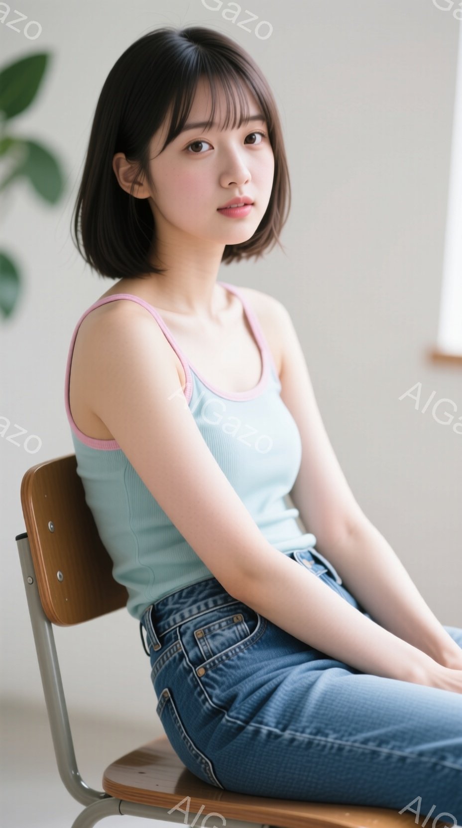 若い女性が椅子に座っており、水色のキャミソールにデニムのジーンズを着用しています。彼女は肩までの長さの茶色のヘアスタイルで、穏やかで少し微笑んだ表情をしています。背景はシンプルで、植物の一部と明るい壁 - AI生成フリー素材