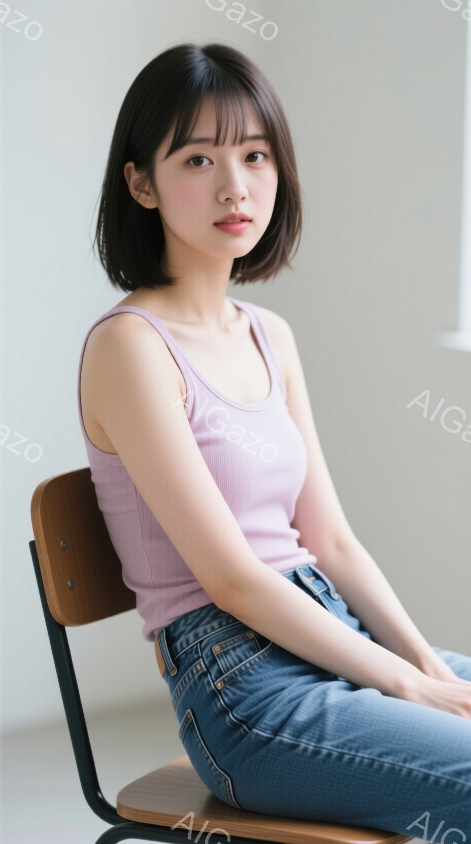 ショートヘアの女性が椅子に座っています。彼女は薄紫色のタンクトップとジーンズを身に着けており、表情は穏やかです。背景は白く、室内であることがわかります。 - AI生成フリー素材