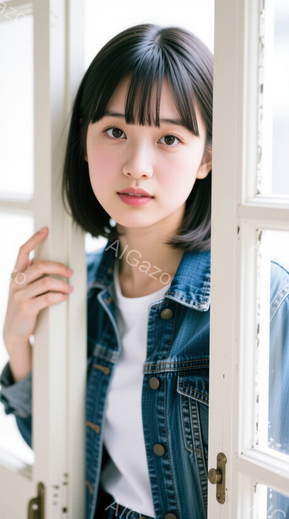 ショートヘアの女性が、白いTシャツにデニムジャケットを着て、窓枠に寄りかかっています。彼女は少し微笑んでおり、リラックスした雰囲気を醸し出しています。背景はぼやけていますが、窓枠と白い壁から、室内であることがわかります。