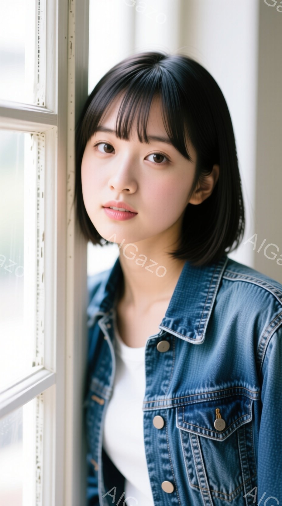 画像は、窓際に立つ若い女性を捉えています。彼女は白いTシャツにデニムジャケットを羽織り、前髪を伸ばしたショートヘアです。表情は穏やかで、少し微笑んでいるように見え、リラックスした雰囲気が漂っています。