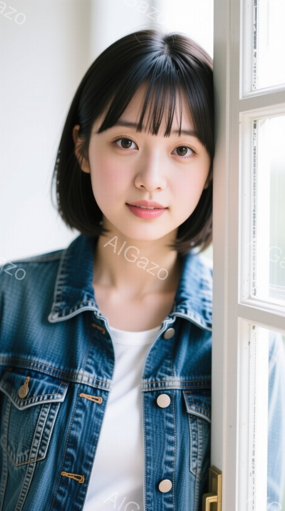 この女性は、白いTシャツの上にデニムジャケットを着て、黒髪のショートボブヘアスタイルにしています。彼女はわずかに微笑んでおり、落ち着いた表情で正面を見つめています。背景は白い窓枠で、光が差し込み、全体的に柔らかく穏やかな雰囲気が漂っています。