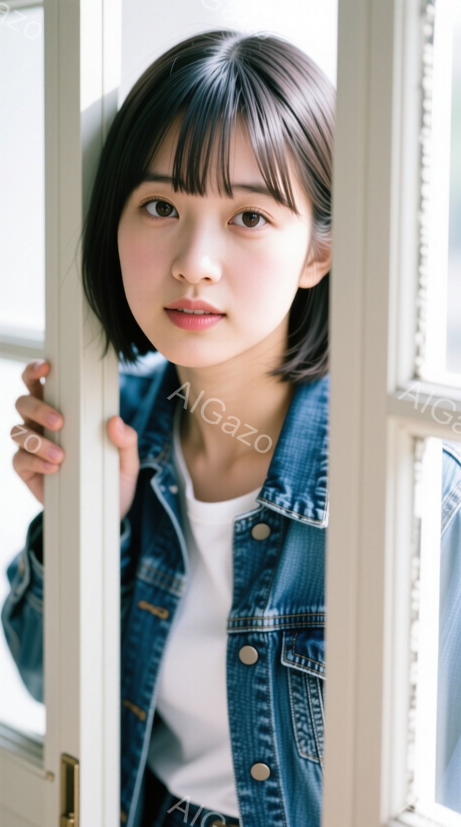 短い黒髪の女性が、白いTシャツとデニムジャケットを着て、窓枠に寄りかかっています。彼女は穏やかな表情で、カメラの方をまっすぐ見ています。窓枠の白いフレームと、背景のぼかしが、柔らかく優しい雰囲気を醸し出しています。