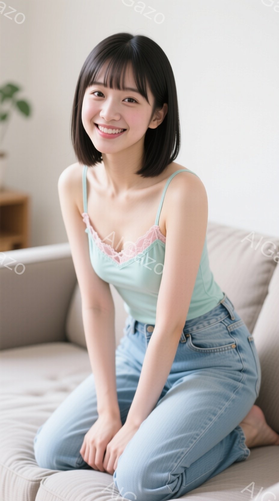 明るい茶色のソファに座っている若い女性が写っています。淡い緑色のキャミソールに、明るいブルーのデニムパンツを着用し、ショートボブのヘアスタイルで、笑顔を見せています。背景には家具が見え、全体的に明るく - AI生成フリー素材