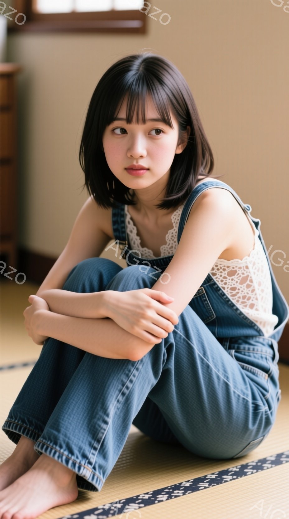 短い髪の女性が畳の上に座り、腕を組んでこちらを見つめています。白いレースのキャミソールにデニムのオーバーオール姿で、素足です。背景はぼかれていますが、日本の伝統的な部屋の一部が見え、全体的に落ち着いた - AI生成フリー素材