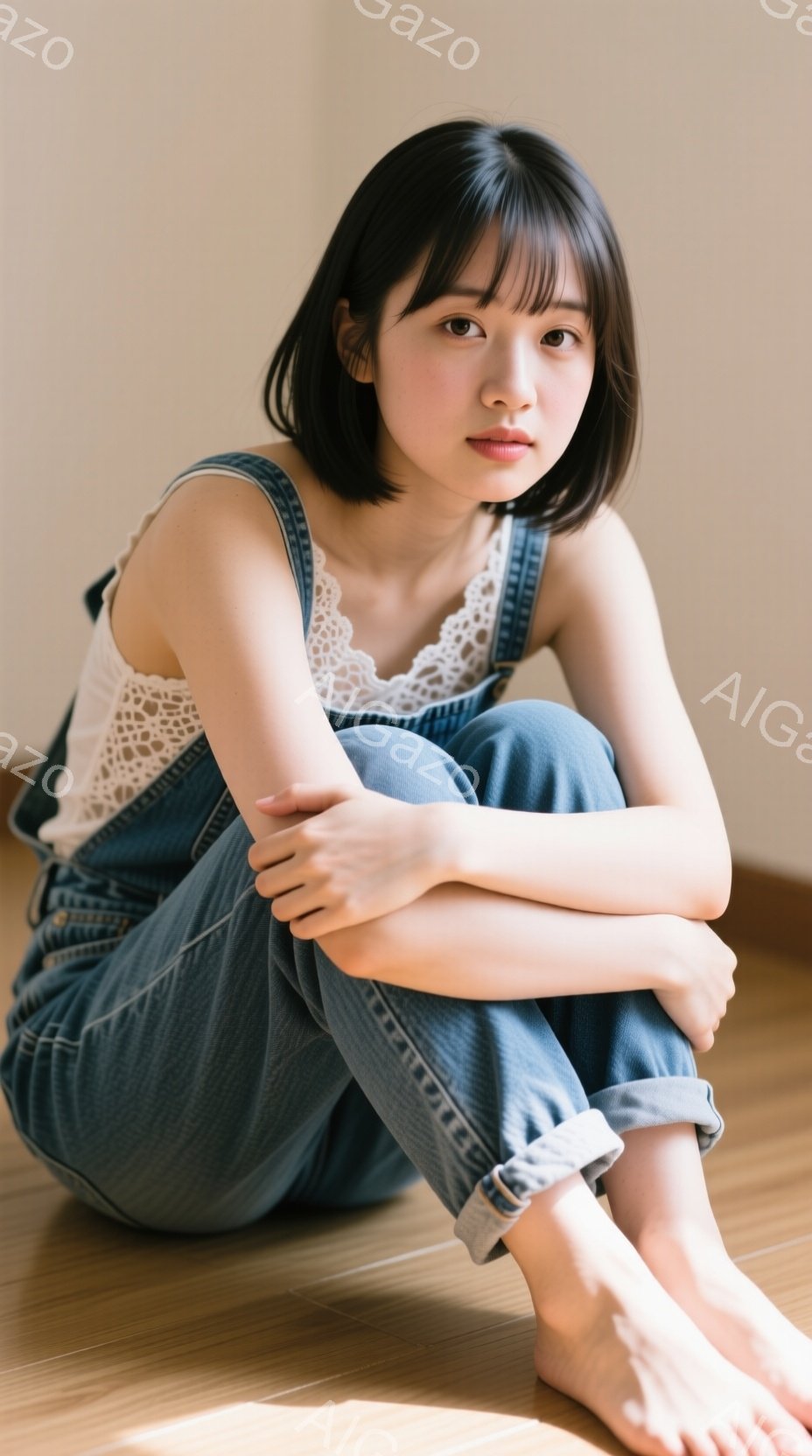 若い女性が床に座り、膝を抱えています。白いレースのキャミソールと、ロールアップされたデニムのオーバーオールを着ており、素足です。彼女は控えめな表情でカメラを見つめ、落ち着いた雰囲気が漂っています。