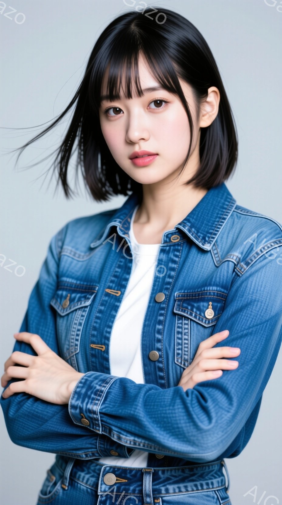 ショートヘアの若い女性が、デニムジャケットと白いTシャツを着て、腕を組んでカメラを見つめています。彼女は少し微笑んでおり、表情は穏やかで親しみやすいです。背景は淡いグレーで、人物が引き立つようにシンプルに処理されています。