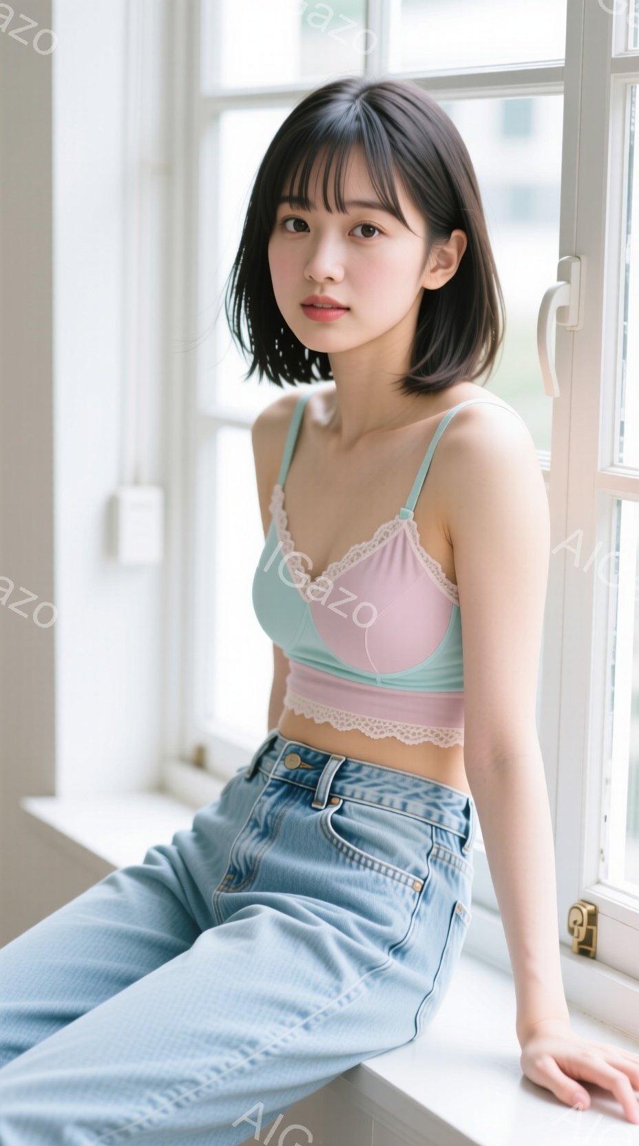 黒髪のショートボブヘアの女性が、窓枠に腰掛けています。淡いピンクと水色のキャミソールと、ルーズフィットのデニムパンツを着用し、少し微笑んだ表情をしています。背景には建物が見え、光沢のある木製の窓枠が印 - AI生成フリー素材