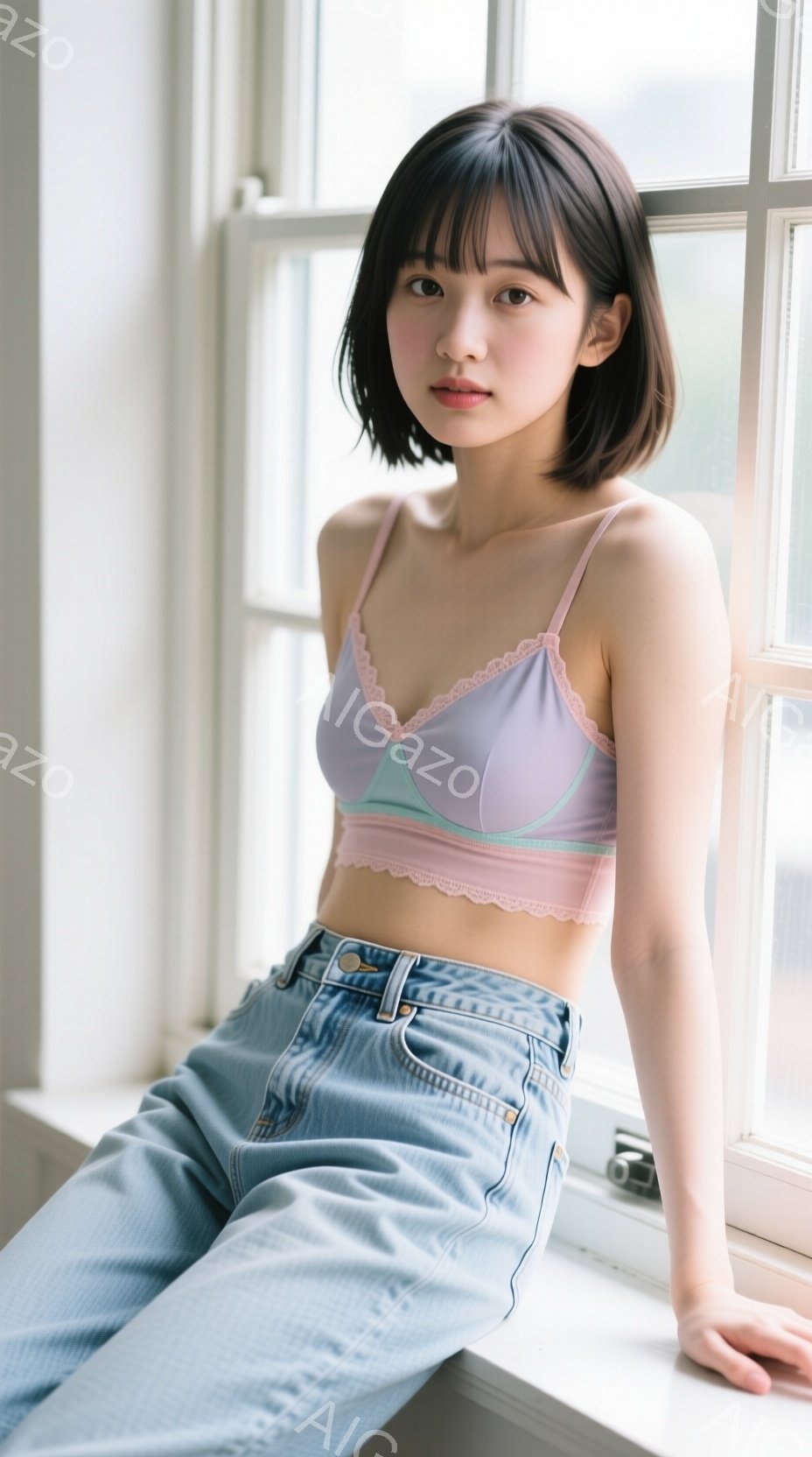 ショートカットの女性が窓際に座り、薄紫色のレース付きブラレットとルーズフィットのジーンズを身につけています。彼女はリラックスした表情で、穏やかな視線をカメラに向けています。窓の外には建物のシルエットが - AI生成フリー素材