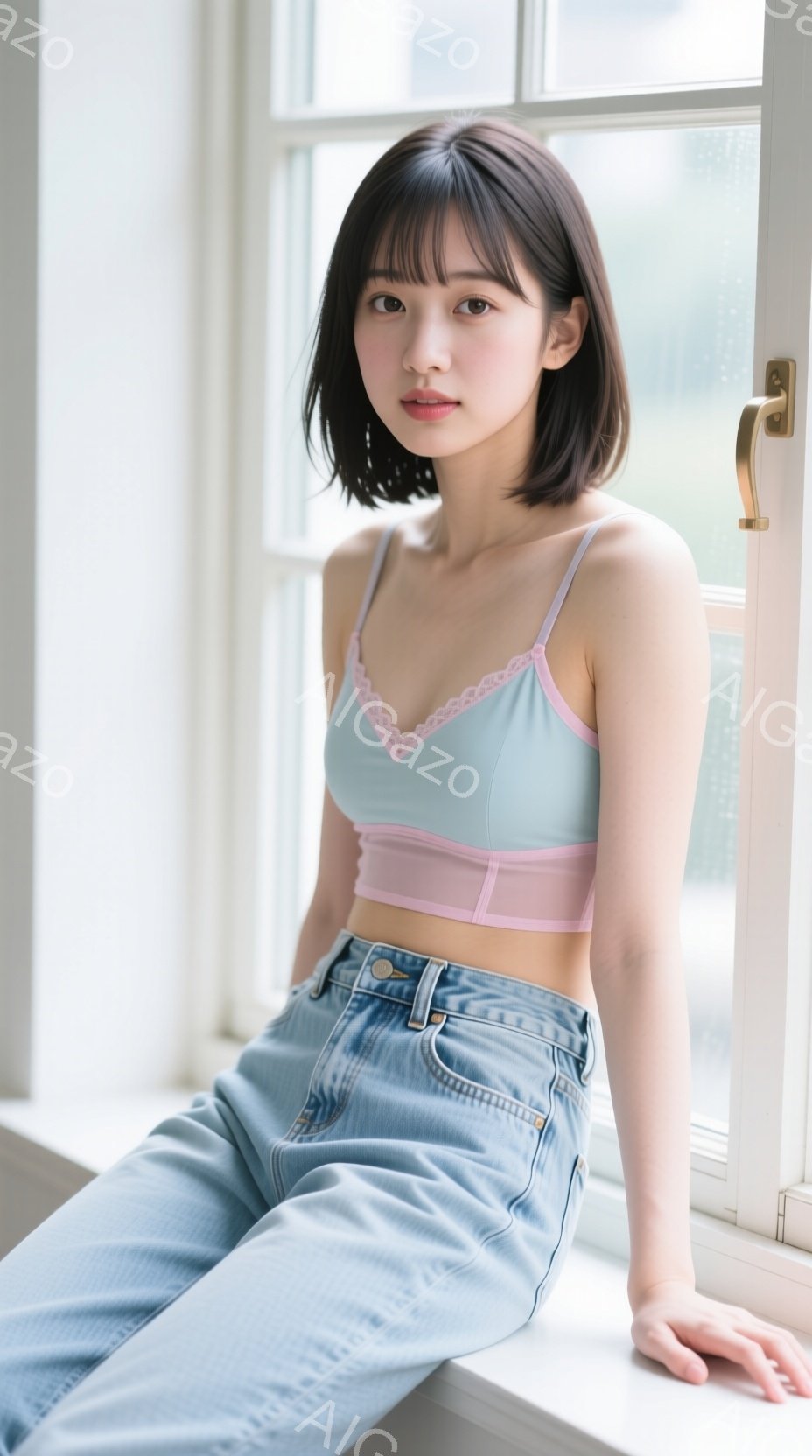 明るい窓辺に座る若い女性が写っている。彼女は薄い水色のキャミソールと、ハイウエストのデニムパンツを着用し、リラックスした表情でこちらを見ている。背景は窓の外のぼやけた風景で、穏やかで自然な光が室内に入 - AI生成フリー素材