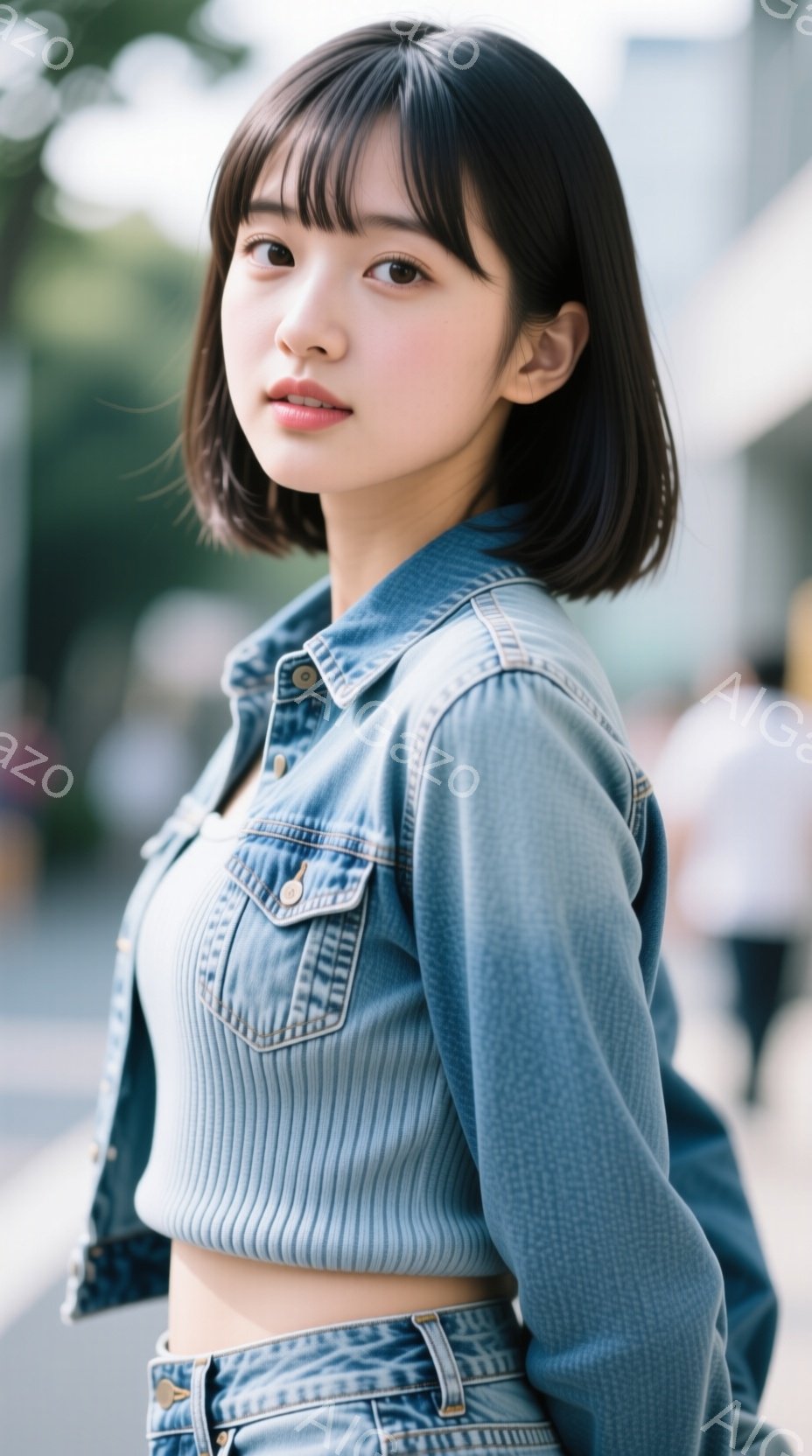 若い女性が、明るい青色のデニムジャケットとジーンズを身につけて立っている。彼女は肩までの長さのダークブラウンのヘアスタイルで、少し微笑んでいる。背景にはぼやけた建物や歩行者が見え、屋外の晴れた日である様子が伺える。