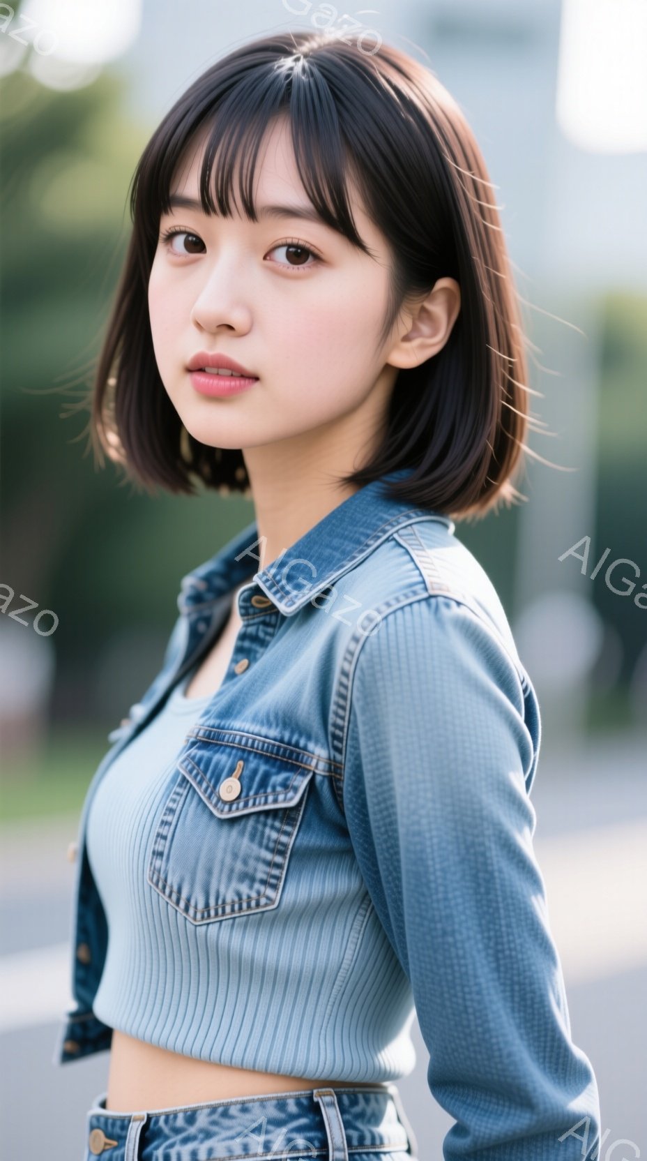 若い女性が、明るい青色のデニムジャケットと短いトップスを着ています。彼女は肩までの長さの黒髪で、前髪が少し目にかかっています。自信に満ちた表情で、わずかにカメラの方を見ており、背景にはぼやけた建物が見えます。