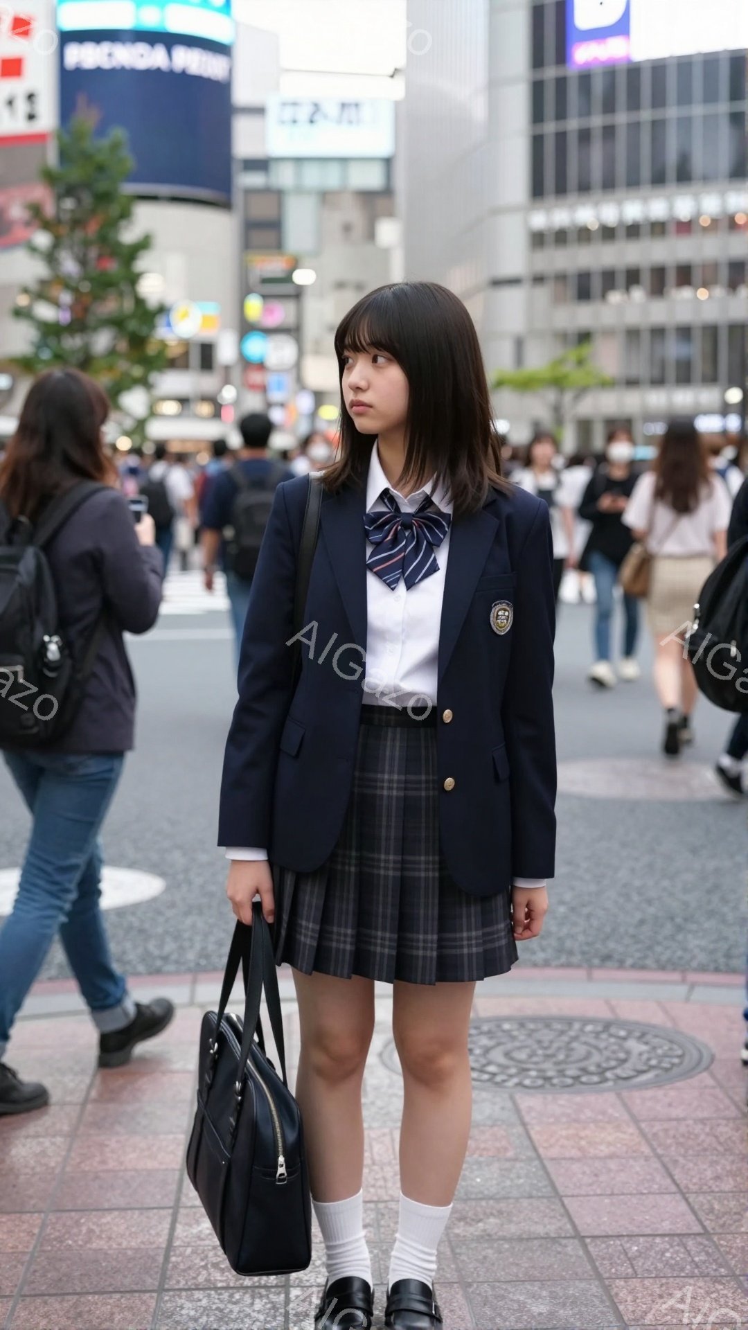 制服を着た女子高生が、交差点の歩道に立っている。紺色のブレザーにチェック柄のスカート、白いソックスと黒いローファーを履き、ネクタイとリボンをつけている。背景には高層ビルや歩行者が見え、晴れた日の賑やかな街並みが広がっている。