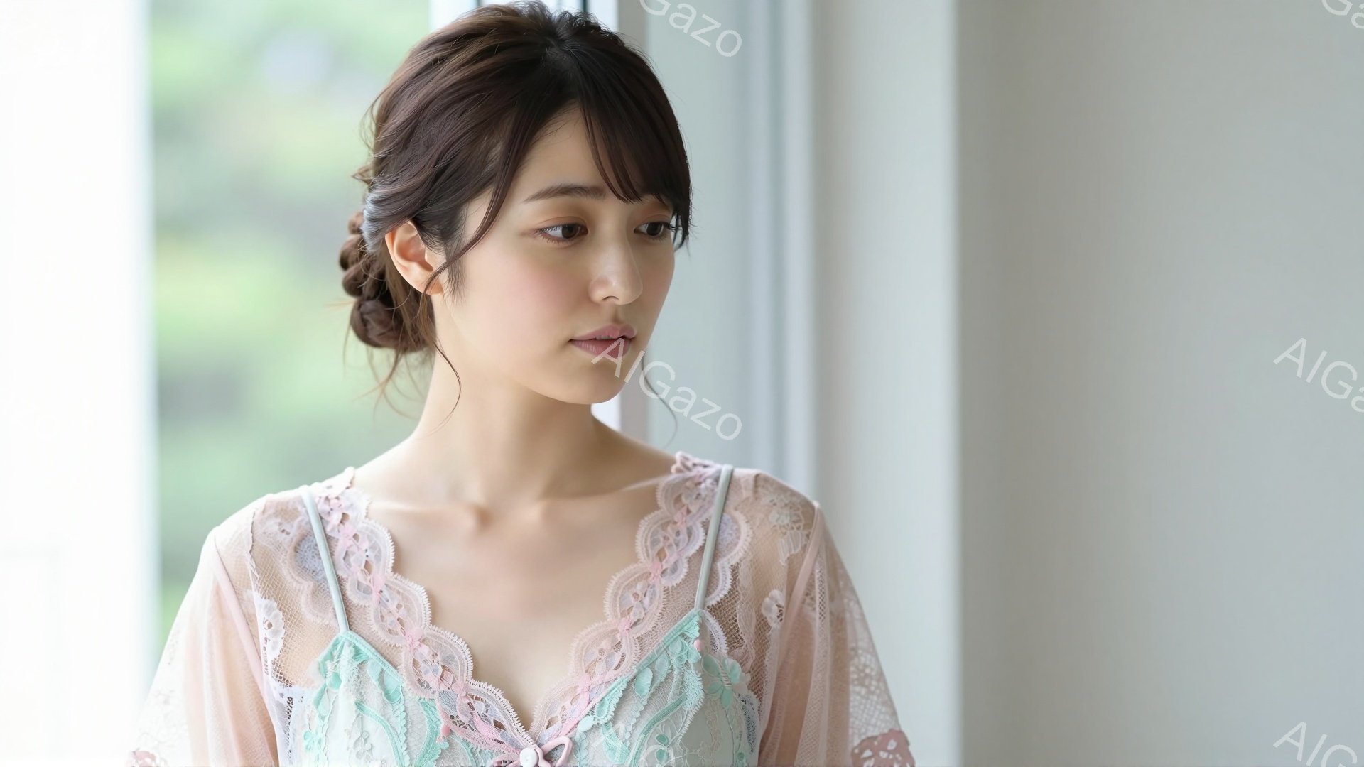 彼女はレースの装飾が施された、淡いピンクと水色のキャミソールのようなトップスを着ています。髪は後ろでゆるくまとめられ、顔周りにはいくつかの髪の毛が自然に垂れ下がっています。背景はぼやけていますが、窓と緑が見え、室内で自然光が入っている様子から、穏やかで柔らかな雰囲気が漂っています。