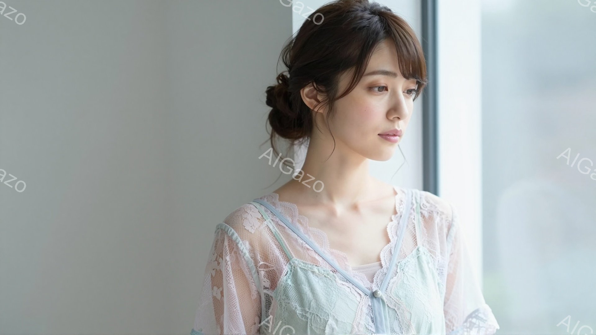 長い髪を後ろでまとめた女性が、レースのブラウスと淡い緑色のインナーを着ています。彼女は少し物憂げな表情で、窓の外を見つめています。背景は白く、窓から差し込む光が彼女を優しく照らしており、全体的に穏やかで少し寂しげな雰囲気が漂っています。