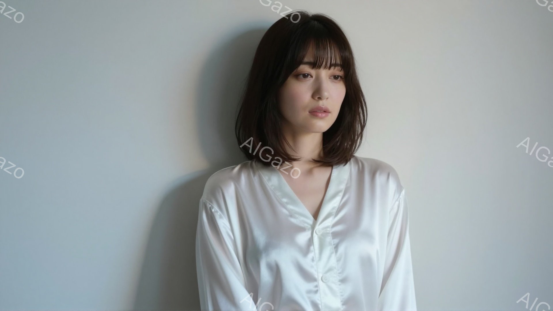 画像は、滑らかな質感の白いブラウスを着た若い女性を捉えています。彼女は肩までの長さのストレートヘアで、前髪が眉毛にかかっています。表情は穏やかで、少し物憂げな視線をどこか遠くへ向けています。 - AI生成フリー素材