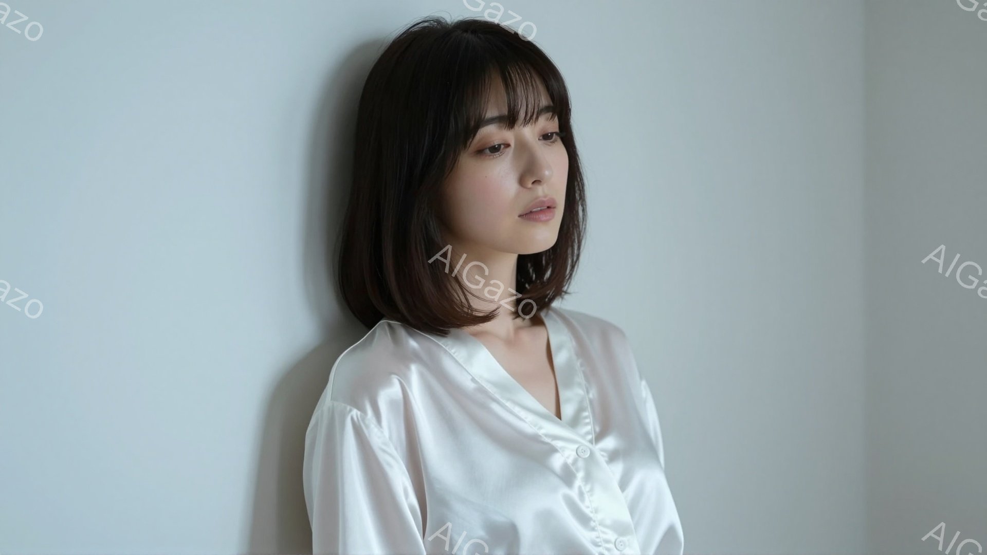 彼女は光沢のある白いブラウスを着ており、前髪を下ろしたダークブラウンのボブヘアが特徴的です。少し憂いを帯びた表情で、どこかを見つめています。背景は淡いグレーの壁で、全体的に落ち着いた、内省的な雰囲気が - AI生成フリー素材