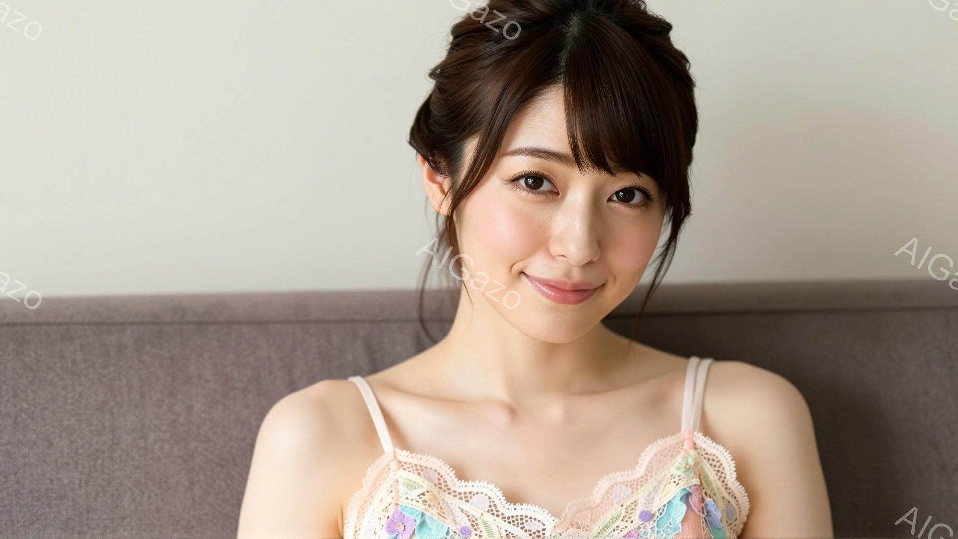 画像は、肩出しの淡いピンクと水色の花柄キャミソールを着た若い女性を捉えています。彼女は微笑んでおり、黒髪を後ろでまとめたヘアスタイルで、優しく穏やかな表情をしています。背景はシンプルな薄いグレーの壁で - AI生成フリー素材