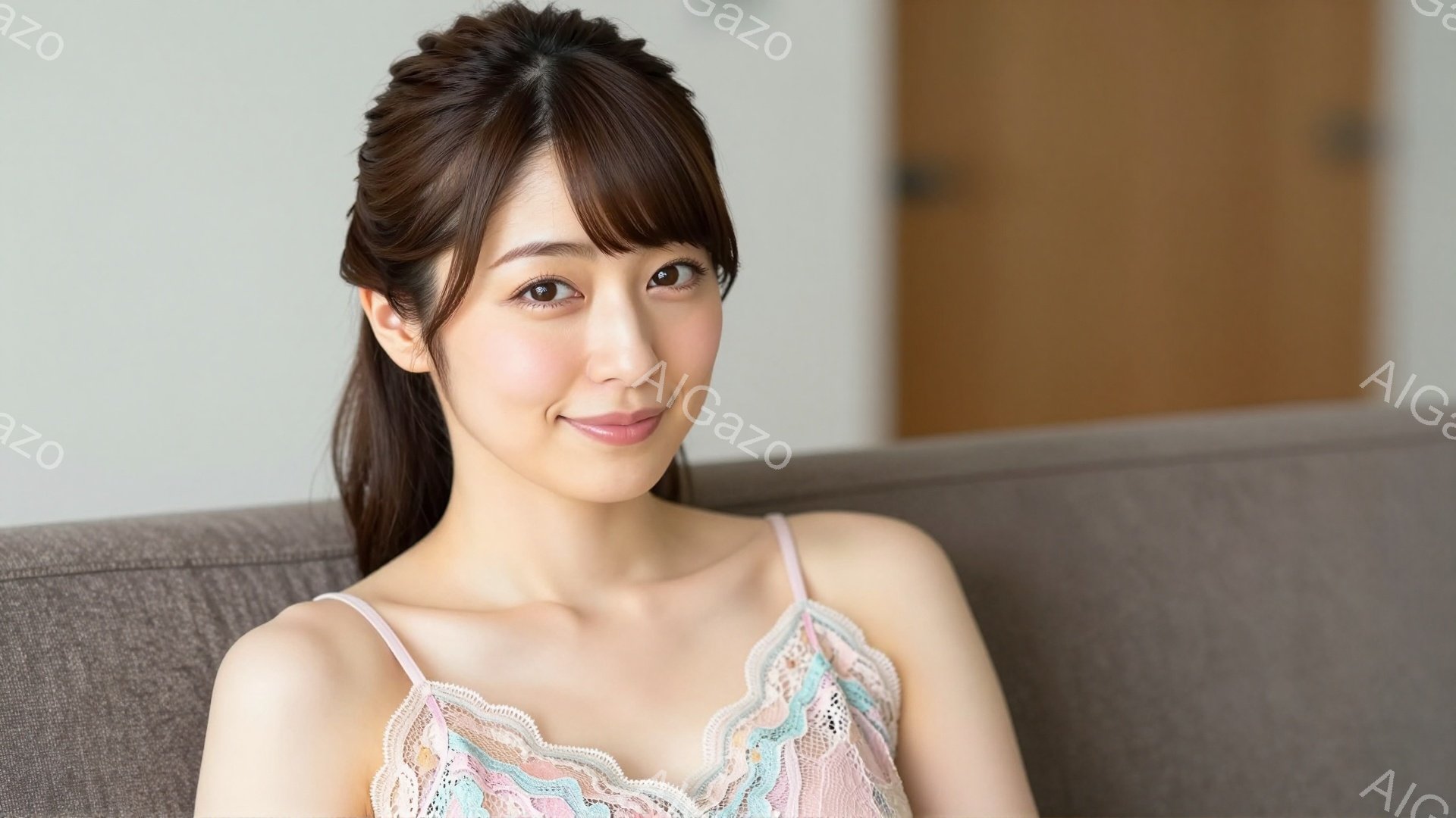 画像には、明るい笑顔を浮かべた若い女性が写っています。彼女は肩出しのレースとパステルカラーの生地が組み合わさったキャミソールを着ており、髪は後ろでポニーテールに結ばれています。背景はぼやけていますが、 - AI生成フリー素材