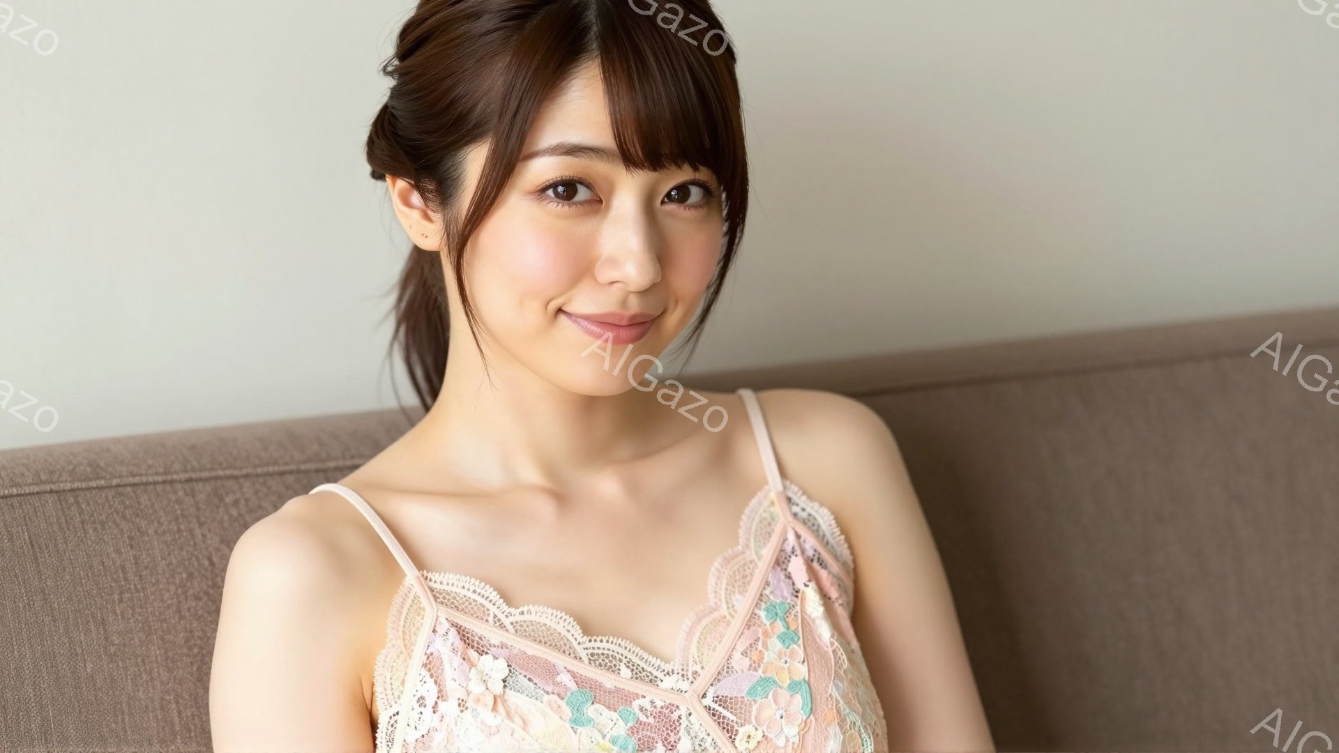 画像は、肩出しのレースとパステルカラーの水玉模様が特徴的なキャミソールを着た若い女性を捉えています。彼女は少し微笑んでおり、髪は後ろで結んでいます。背景はぼやけた茶色のソファで、全体的に柔らかく穏やか - AI生成フリー素材