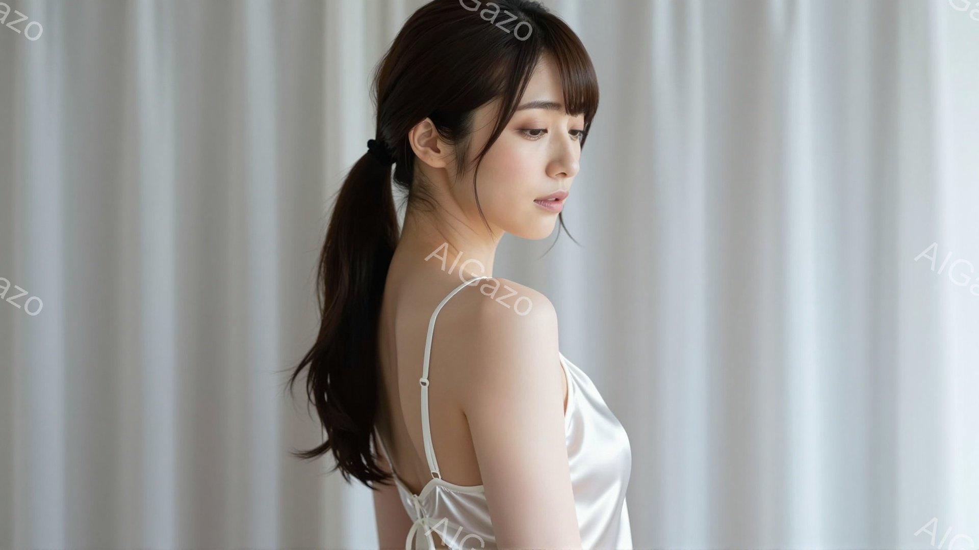 長い黒髪を後ろで一つに結んだ女性が描かれています。彼女はオフショルダーの白いシルクのドレスを着ており、少し憂いを帯びた表情で横を向いています。背景は白いカーテンで、柔らかく穏やかな雰囲気を醸し出してい - AI生成フリー素材