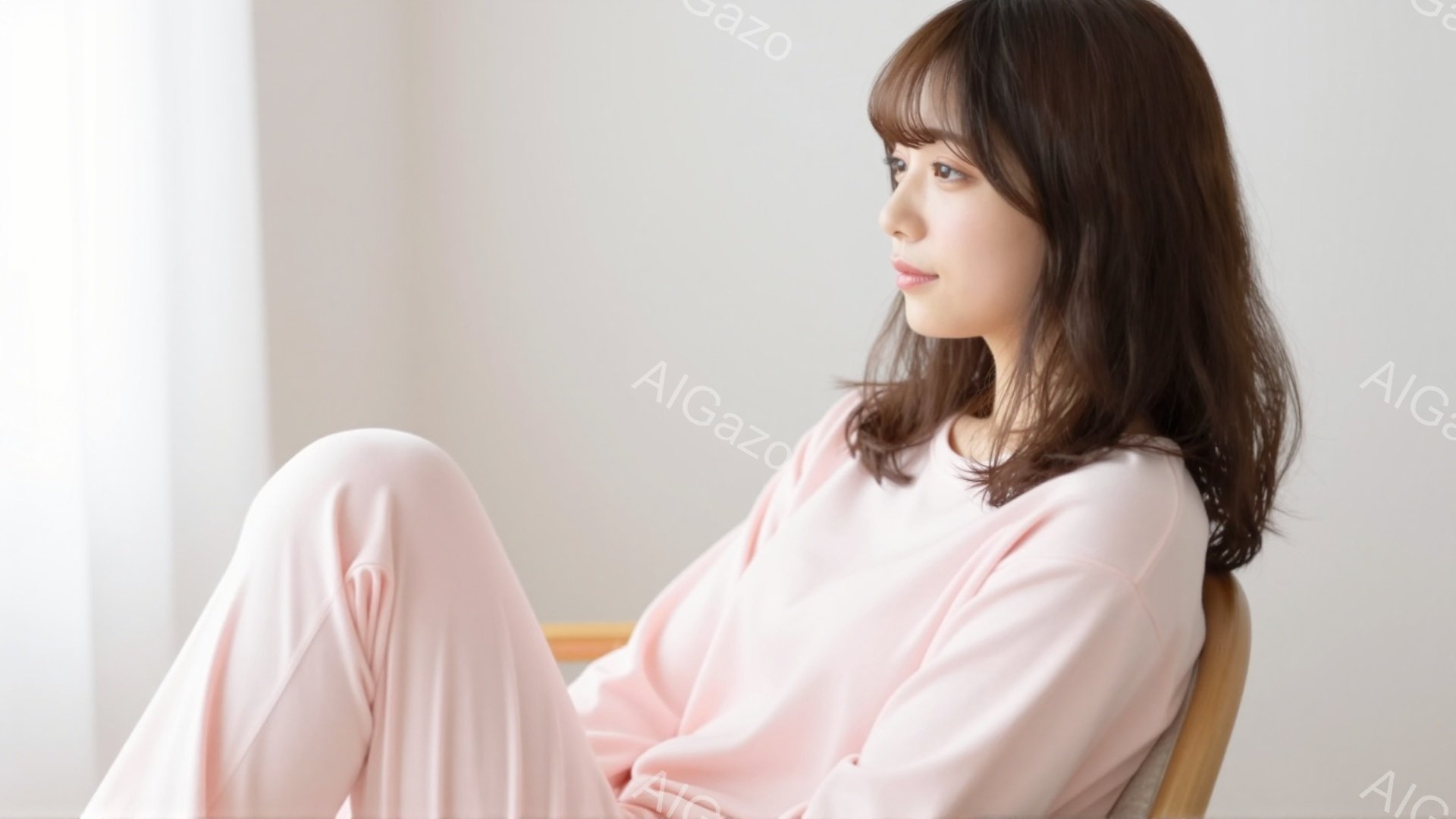 淡いピンク色のスウェット上下を着た女性が椅子に座り、膝を抱えています。彼女は少し内側に入った視線で、物思いにふけっているような表情をしています。背景は白く、窓から自然光が差し込み、穏やかでリラックスした雰囲気を醸し出しています。