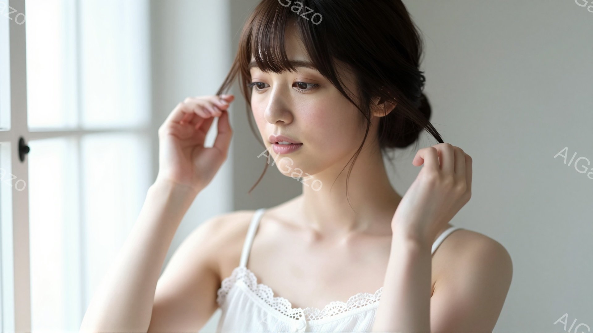 画像は、肩出しの白いレース付きキャミソールを着た若い女性を捉えています。彼女は両手で髪を軽くつまんでおり、少し内を向き、穏やかな表情を浮かべています。背景には窓があり、柔らかい自然光が差し込み、全体的 - AI生成フリー素材