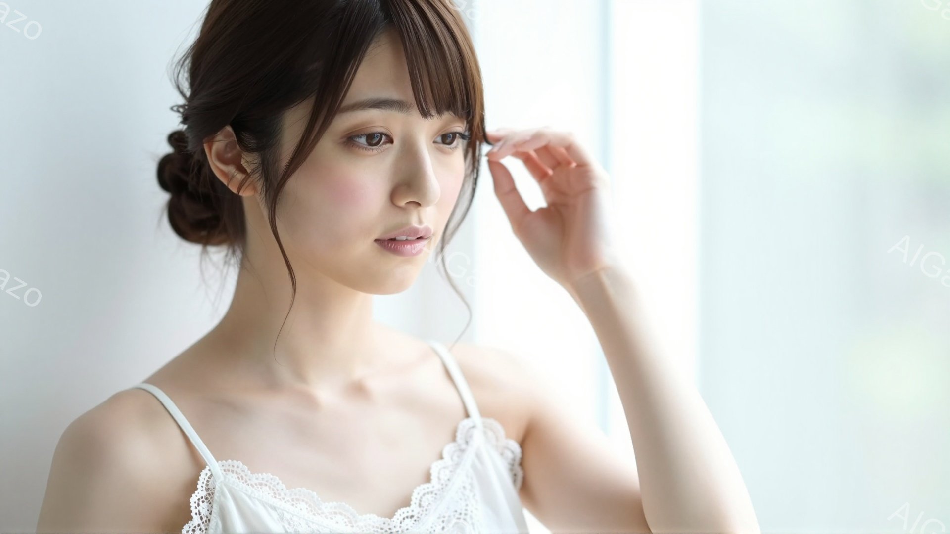 こちらの画像は、肩出しの白いレースのキャミソールを着た若い女性のポートレートです。彼女は髪を後ろでまとめ、片手を顔の横に添えて、物憂げな表情をしています。背景は明るい窓で、柔らかく自然な光が彼女を照ら - AI生成フリー素材