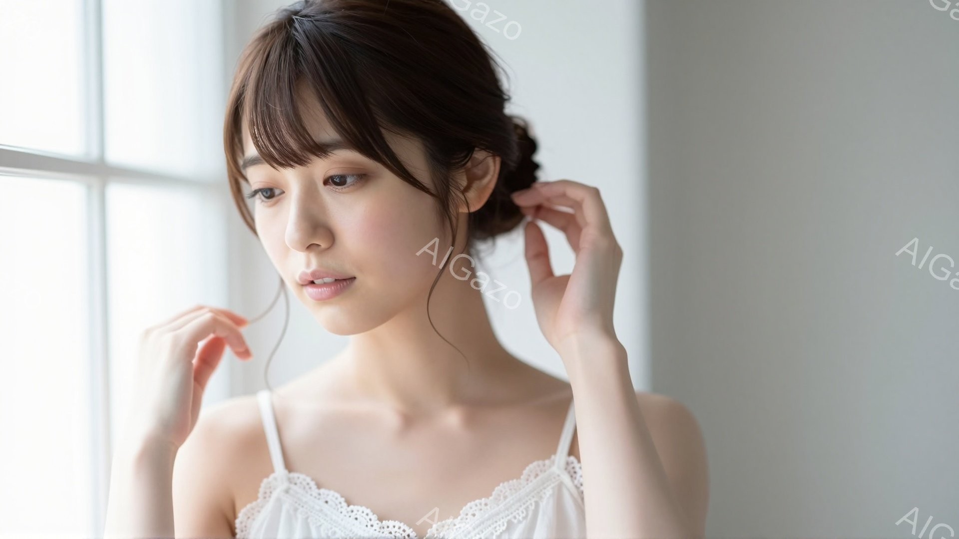 長い黒髪を半結びにした若い女性が、白いレースのキャミソールを着て窓辺に立っている。彼女は少し内側を向き、両手で髪を優しく撫でている様子は、物憂げで穏やかな雰囲気を醸し出している。背景は白い壁と窓枠で、 - AI生成フリー素材