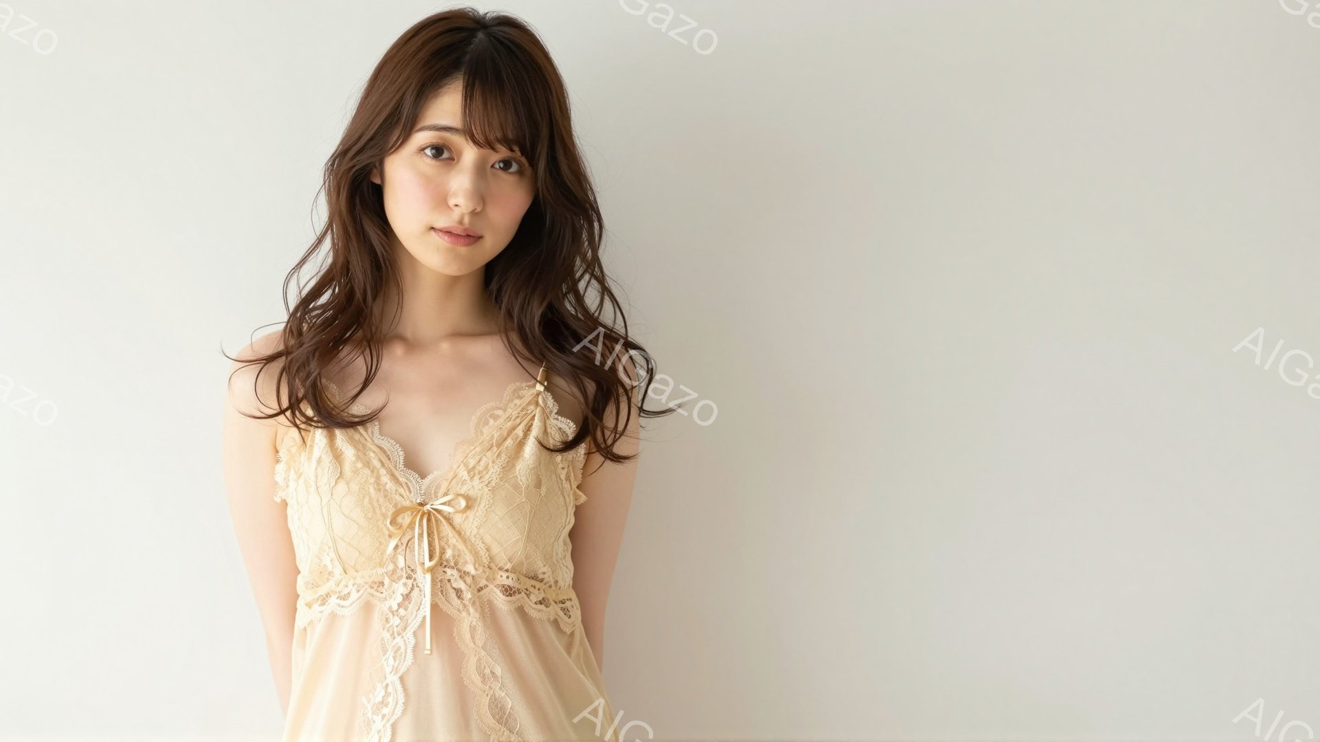 長い茶色の髪を無造作にウェーブさせた女性が、クリーム色のレースのキャミソールドレスを着ています。彼女は少し微笑んでおり、姿勢は穏やかで、リラックスした雰囲気を醸し出しています。背景は白く、人物が際立っ - AI生成フリー素材