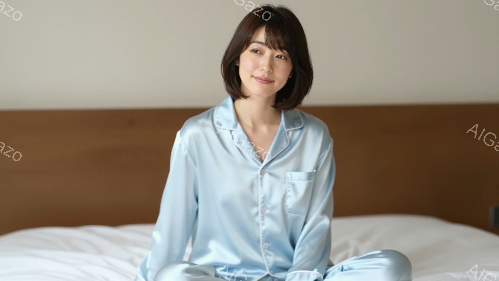 明るいブルーのシルクのようなパジャマを着た若い女性が、白いベッドに座ってこちらを見て微笑んでいます。彼女は短めのダークブラウンのヘアスタイルで、リラックスした表情をしています。背景はシンプルな白い壁で - AI生成フリー素材