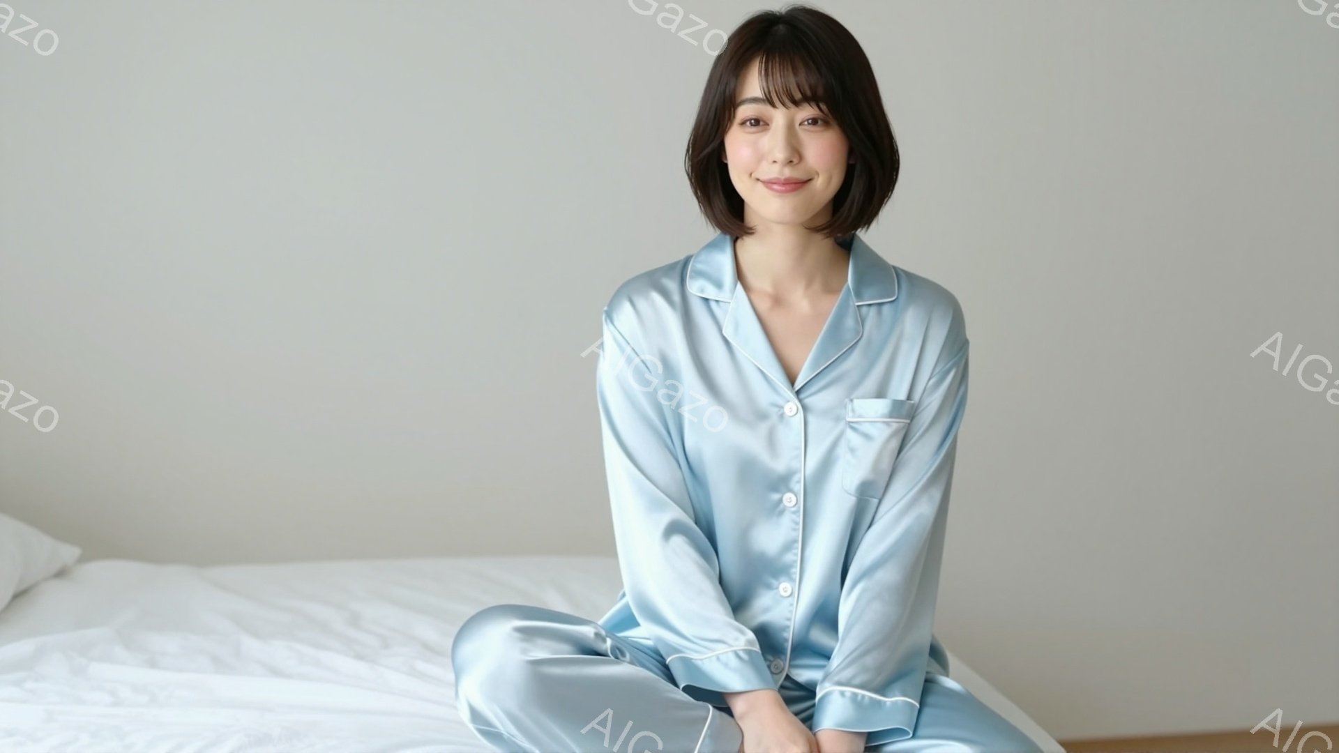 明るい青色のサテンのようなパジャマを着た女性が、白いベッドの上に座ってこちらを見ています。彼女は肩までの長さのダークブラウンの髪で、穏やかな笑顔を浮かべています。背景は白くシンプルで、全体的にリラック - AI生成フリー素材