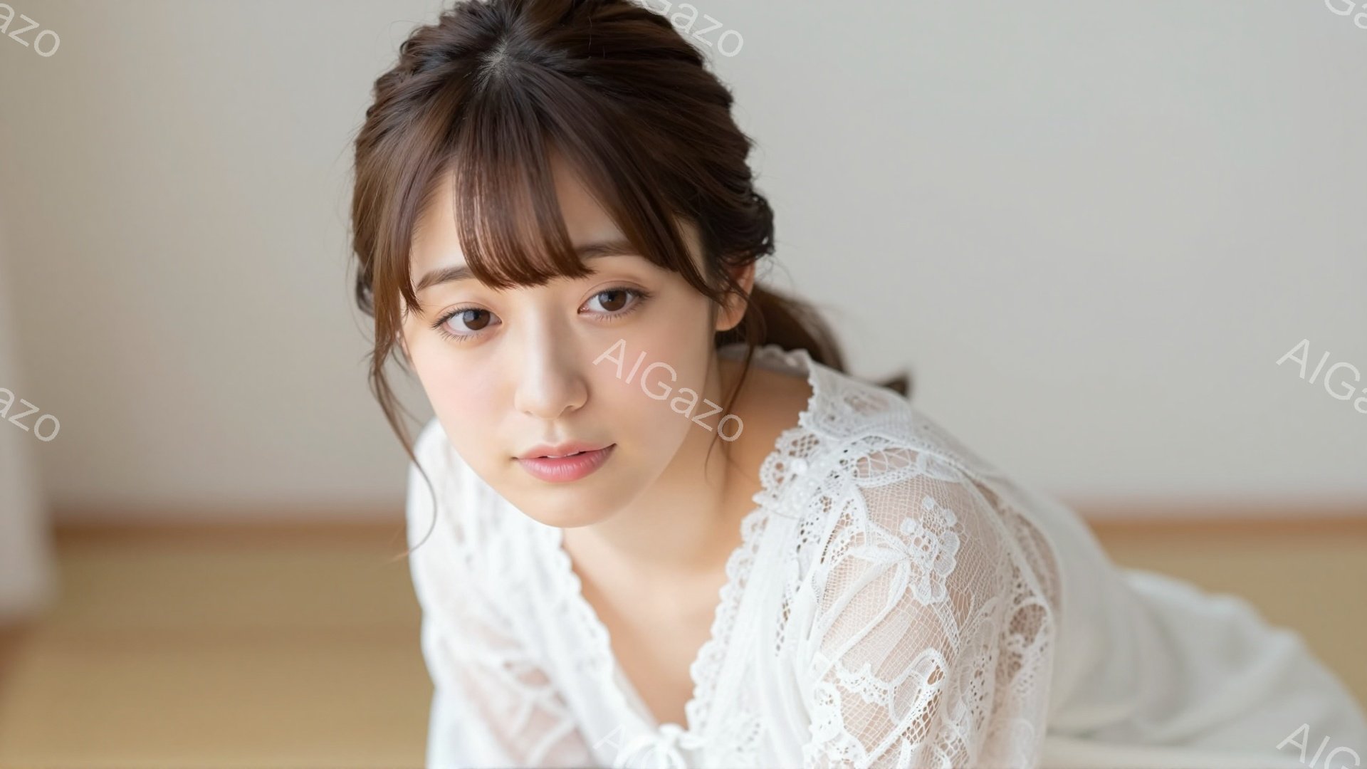 長い茶色の髪をハーフアップにし、レースのブラウスを着た若い女性が写っています。彼女は床に横たわり、カメラに向かって穏やかな笑顔を浮かべています。背景はぼやけており、室内であることがわかりますが、具体的 - AI生成フリー素材