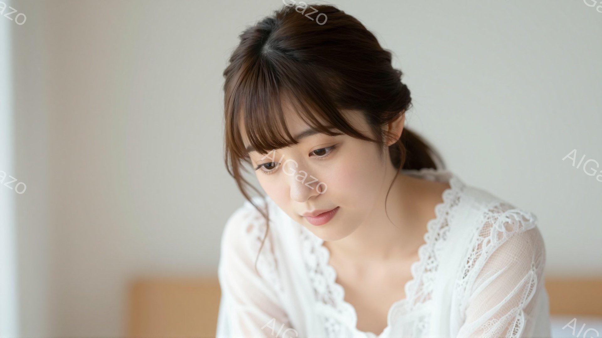 画像には、白いレース襟のブラウスを着た若い女性が写っています。彼女は少しうつむき加減で、柔らかな微笑みを浮かべており、髪はゆるくまとめられています。背景はぼやけていますが、明るい室内であることがわかり - AI生成フリー素材