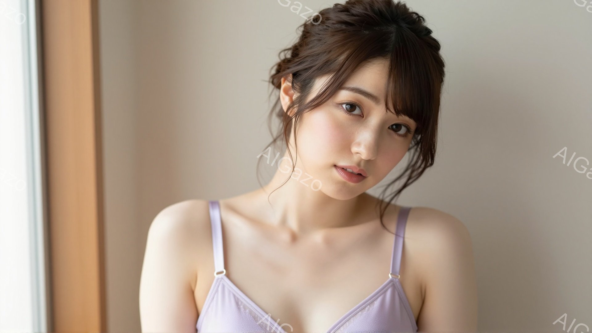 画像は、肩出しの薄紫色のキャミソールを着た若い女性を写しています。彼女は軽く微笑み、少し首を傾げたポーズで、髪は軽くウェーブしたロングヘアで、前髪が額にかかっています。背景はぼやけていますが、窓枠の一 - AI生成フリー素材