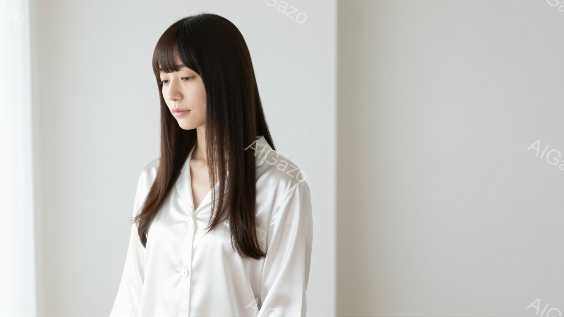 長い黒髪の女性が白いシャツを着て立っている。彼女は少し俯き、憂いを帯びた表情をしている。背景は白壁で、全体的に柔らかく、静謐な雰囲気が漂っている。