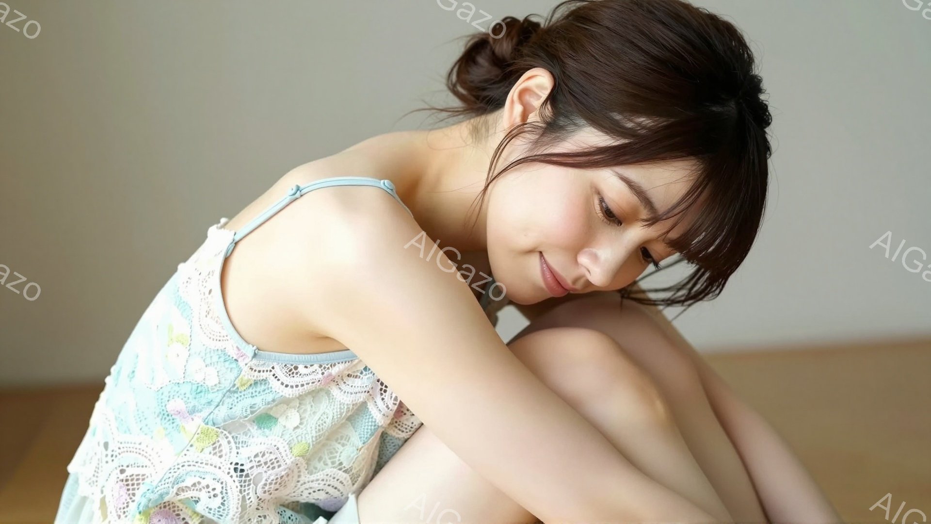 淡い水色のレースが美しいキャミソールドレスを着た若い女性が、膝を抱えて座っている。彼女は茶色の長い髪を肩から下ろしており、優しい微笑みを浮かべ、どこか物憂げな表情をしている。背景はぼやけており、室内で - AI生成フリー素材