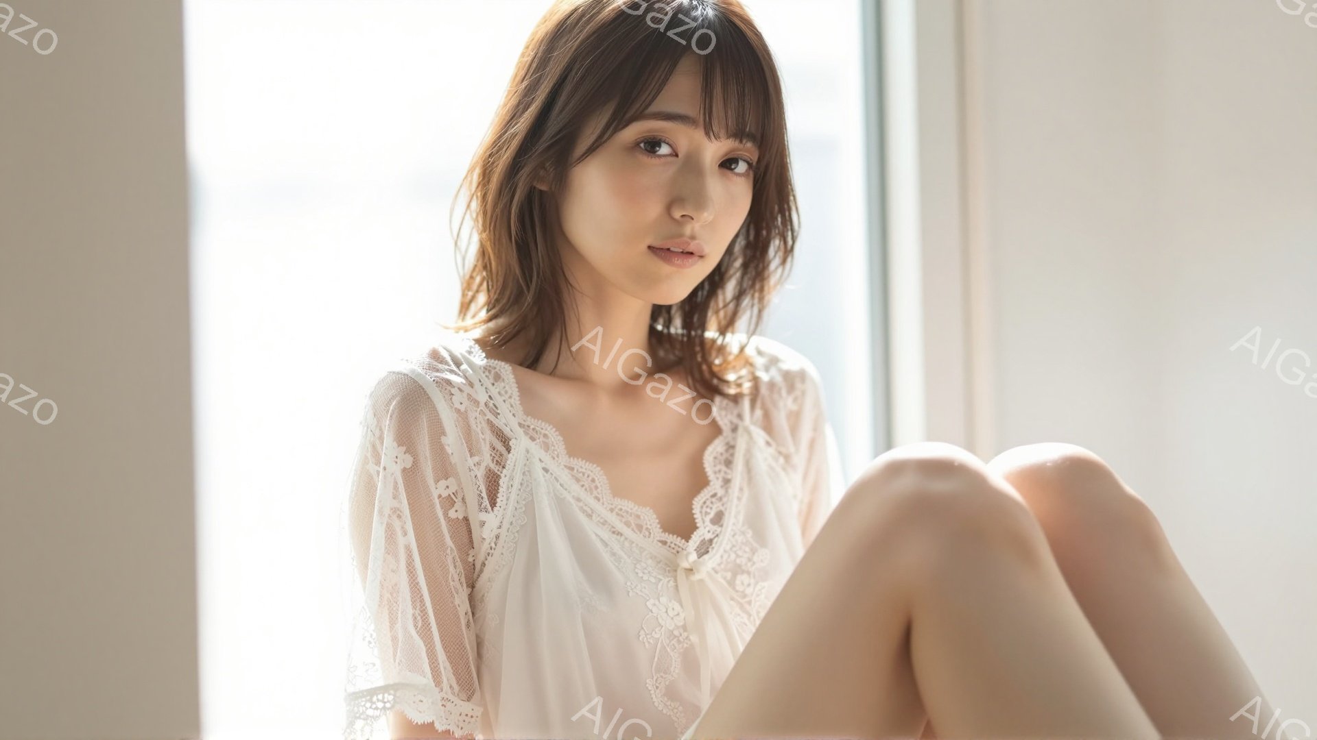 長いダークブラウンの髪をした女性が、白いレースのブラウスを着て、膝を抱えて座っています。彼女は穏やかな表情でカメラを見つめており、背景はぼやけた明るい室内で、窓から差し込む光が彼女を照らしています。全体的に、柔らかく、優雅で、自然な雰囲気が漂っています。