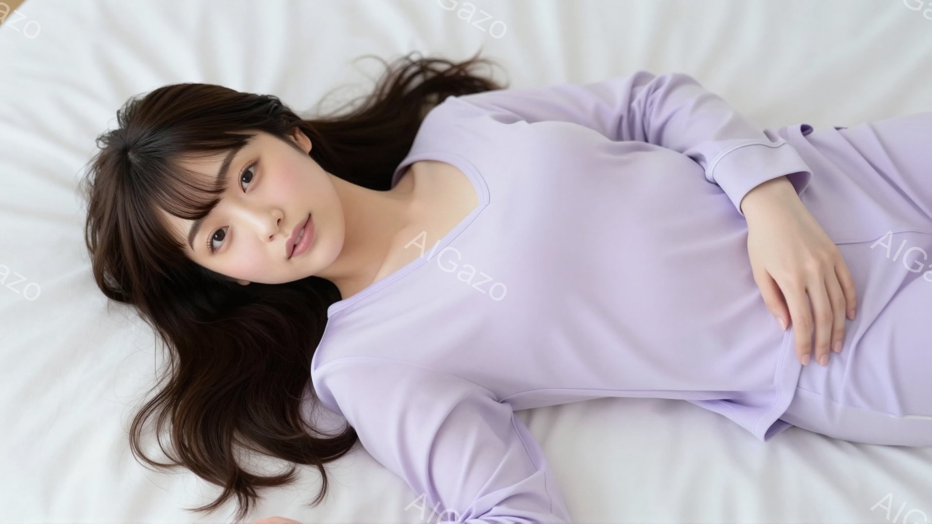 長いダークブラウンの髪の女性が、薄紫色の上下セットのパジャマのような服を着て仰向けに寝ています。彼女は少し微笑み、リラックスした表情で、片手を胸に当てています。背景は白く、全体的に穏やかで安らぎのある雰囲気です。