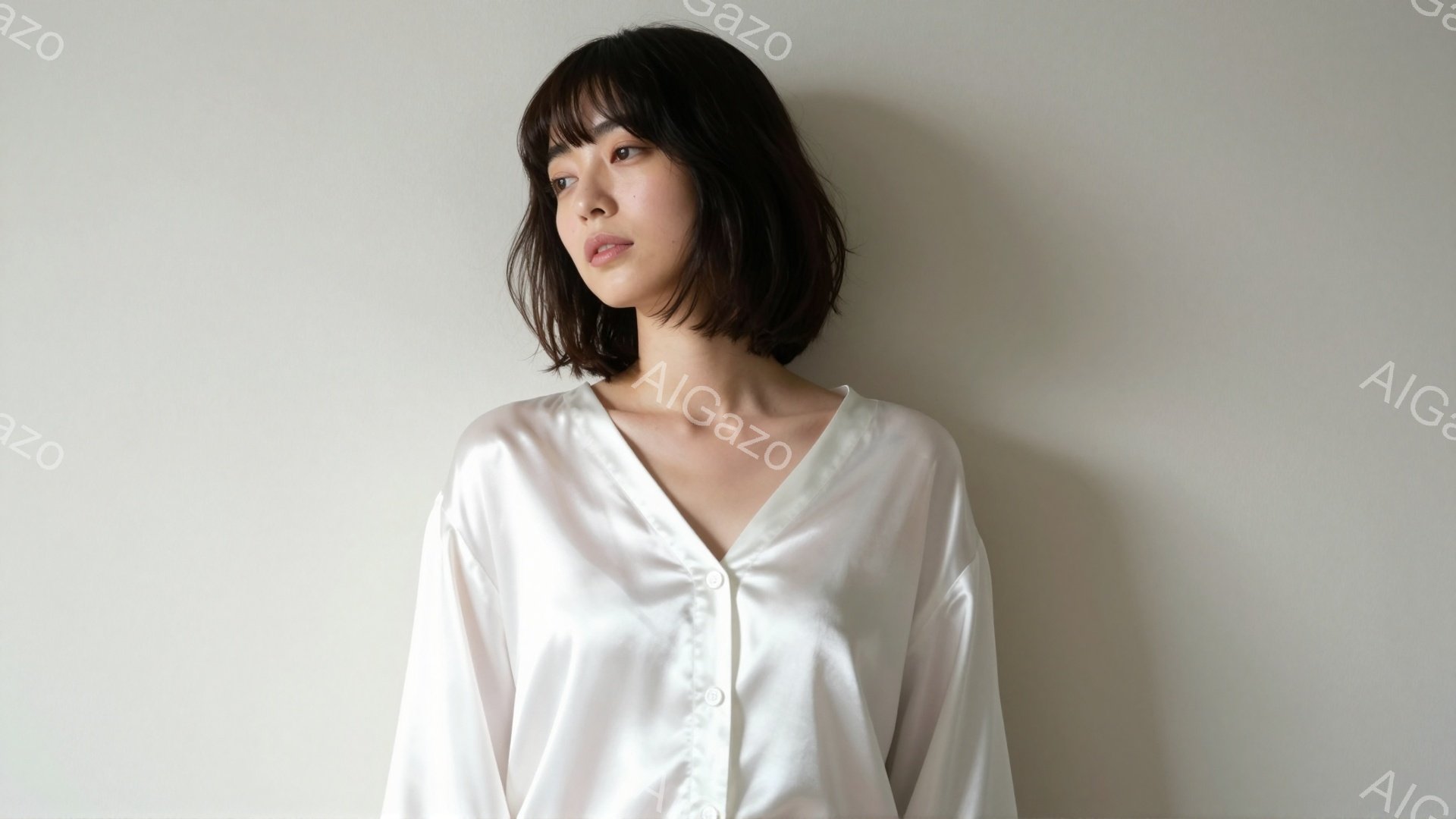 光沢のある白いブラウスを着た若い女性が写っている。彼女は肩までの長さのダークブラウンのヘアスタイルで、穏やかな表情でわずかに横を向いている。背景は淡いグレーの壁で、全体的に落ち着いた雰囲気である。 - AI生成フリー素材