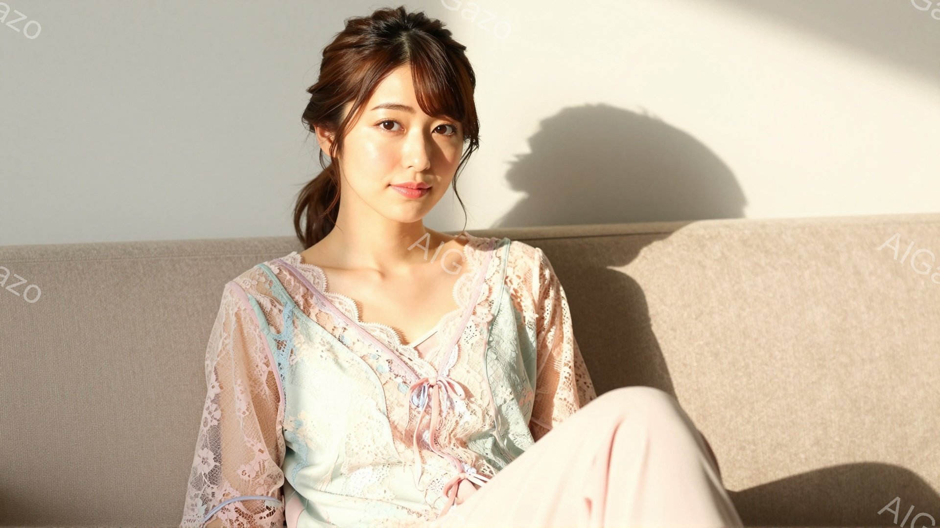若い女性がベージュ色のソファに座っており、淡いピンクと水色のレースが特徴的なゆったりとした部屋着を着ています。彼女は髪を後ろでゆるくまとめ、穏やかで微笑ましい表情を浮かべています。背景は白く、光が差し込んでおり、全体的に柔らかく、リラックスした雰囲気を醸し出しています。
