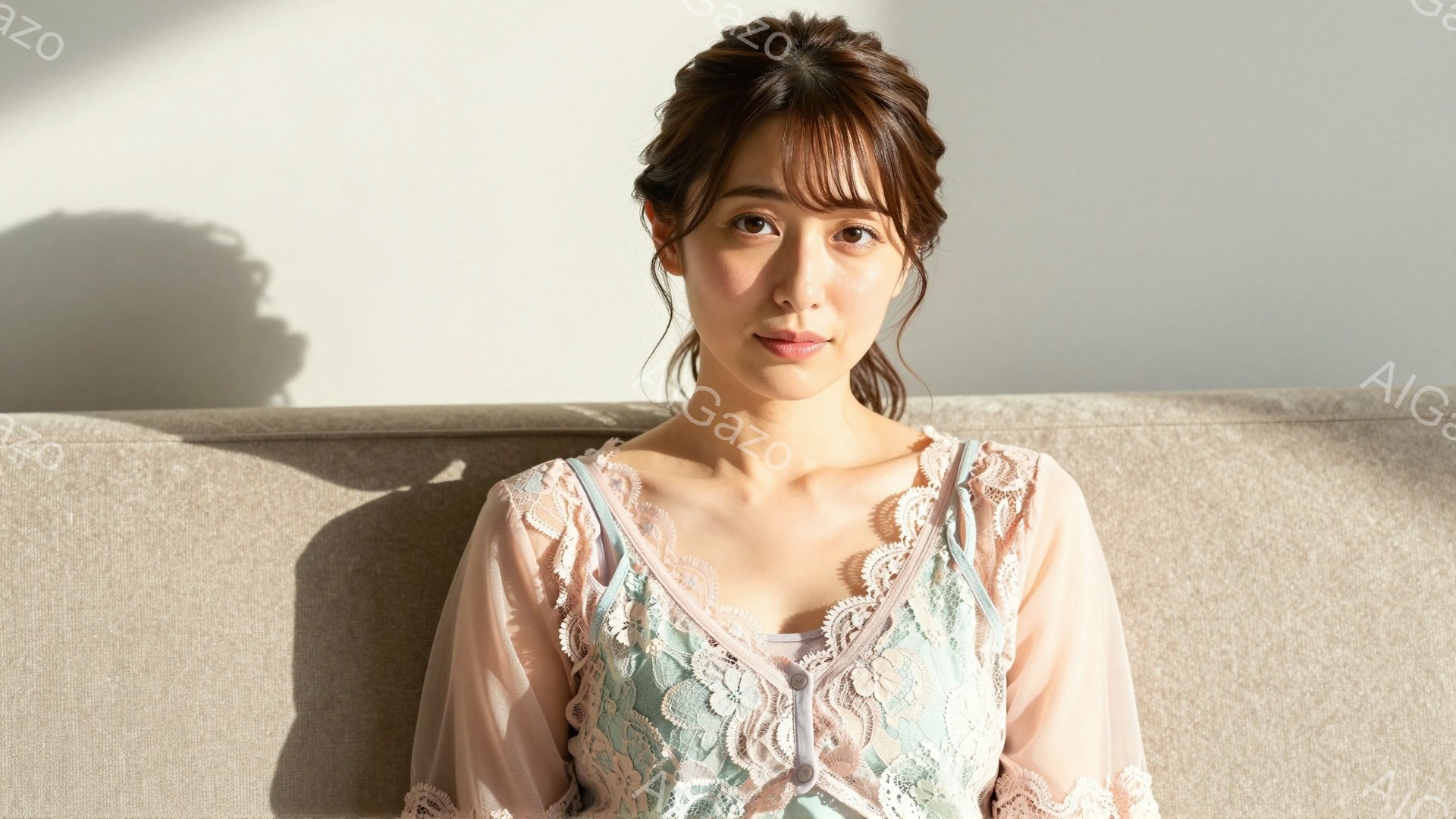 長い茶色の髪をハーフアップにし、レースが装飾された淡いピンクと水色のブラウスを着た若い女性が写っている。彼女は穏やかな表情でカメラを見つめ、リラックスした姿勢で座っているように見える。背景はぼやけたベ - AI生成フリー素材