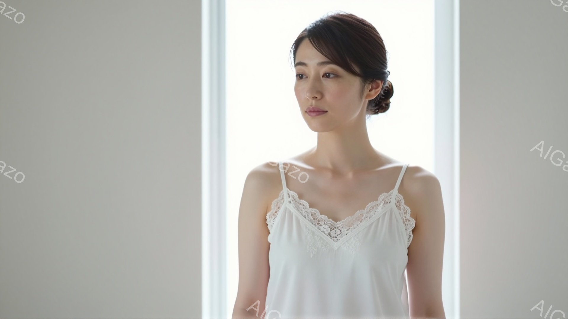 白いキャミソールを着た女性が、窓の光の中で静かに立っている。彼女は髪を後ろでまとめ、穏やかでありながらどこか憂いを帯びた表情をしている。背景は白くぼやけており、室内であることがわかるが、全体的に柔らか - AI生成フリー素材